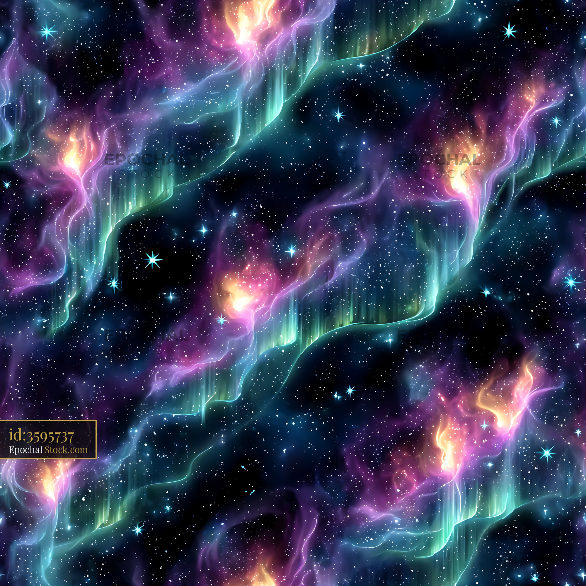 Cosmic Aurora Nebula and Stars Seamless Pattern - stock photo