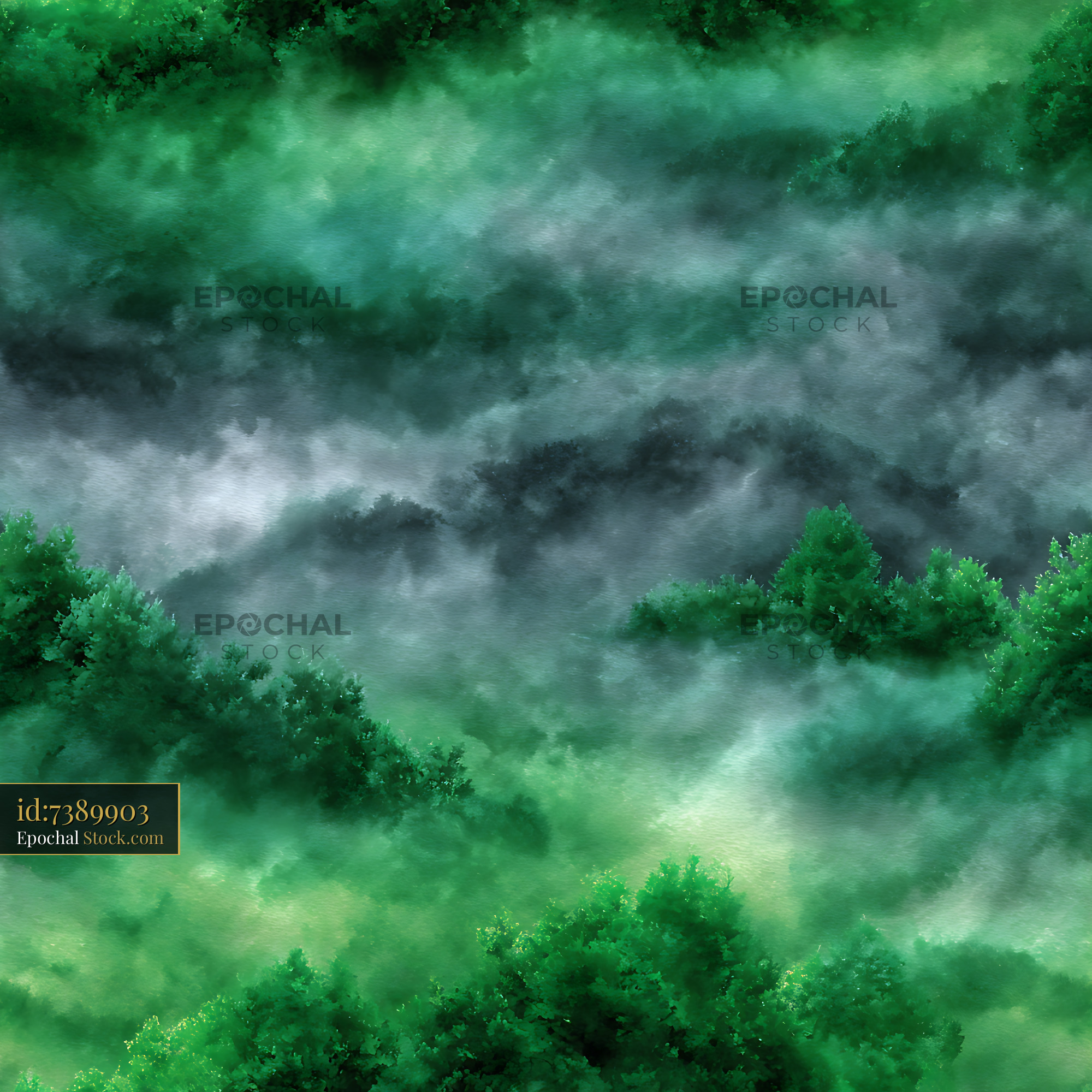 Moody Watercolor Mist Forest Seamless Pattern - stock photo