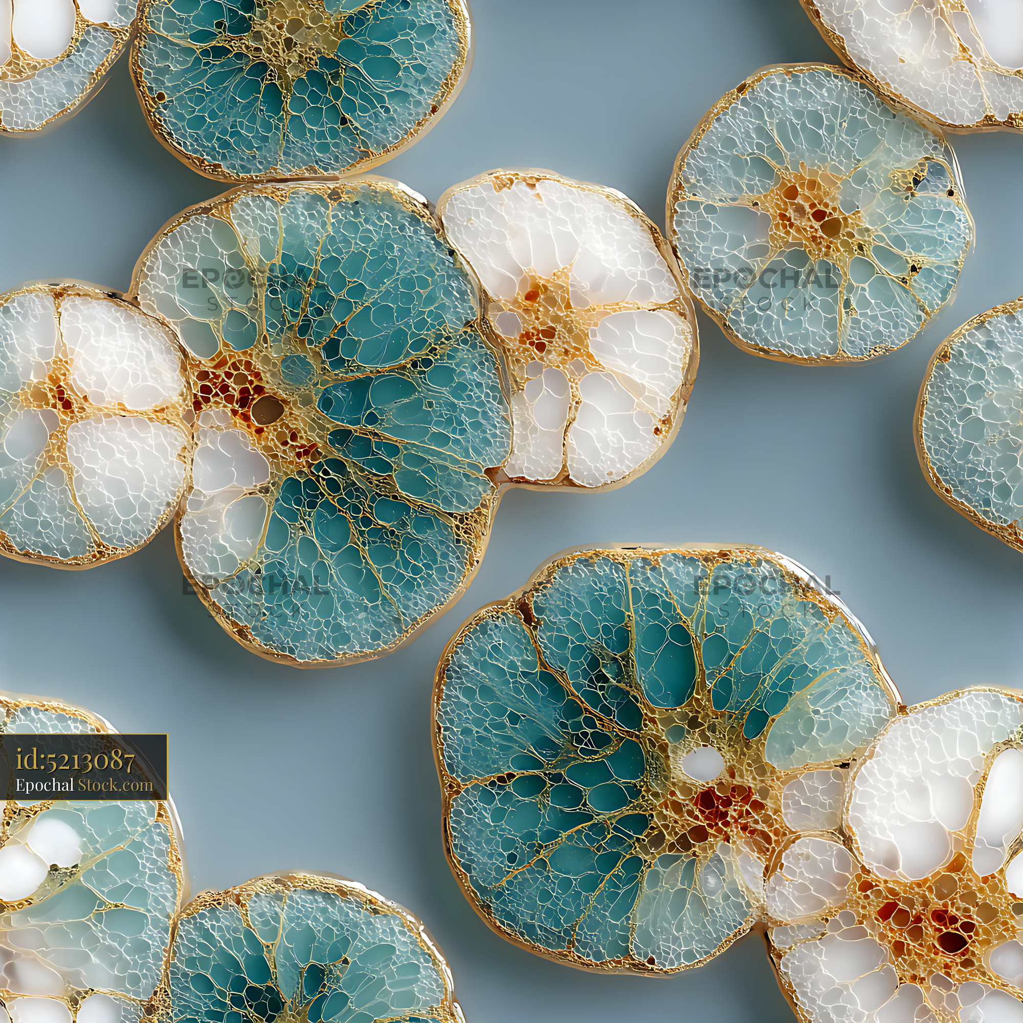 Teal Gold Kintsugi Citrus Slice Seamless Pattern - stock photo