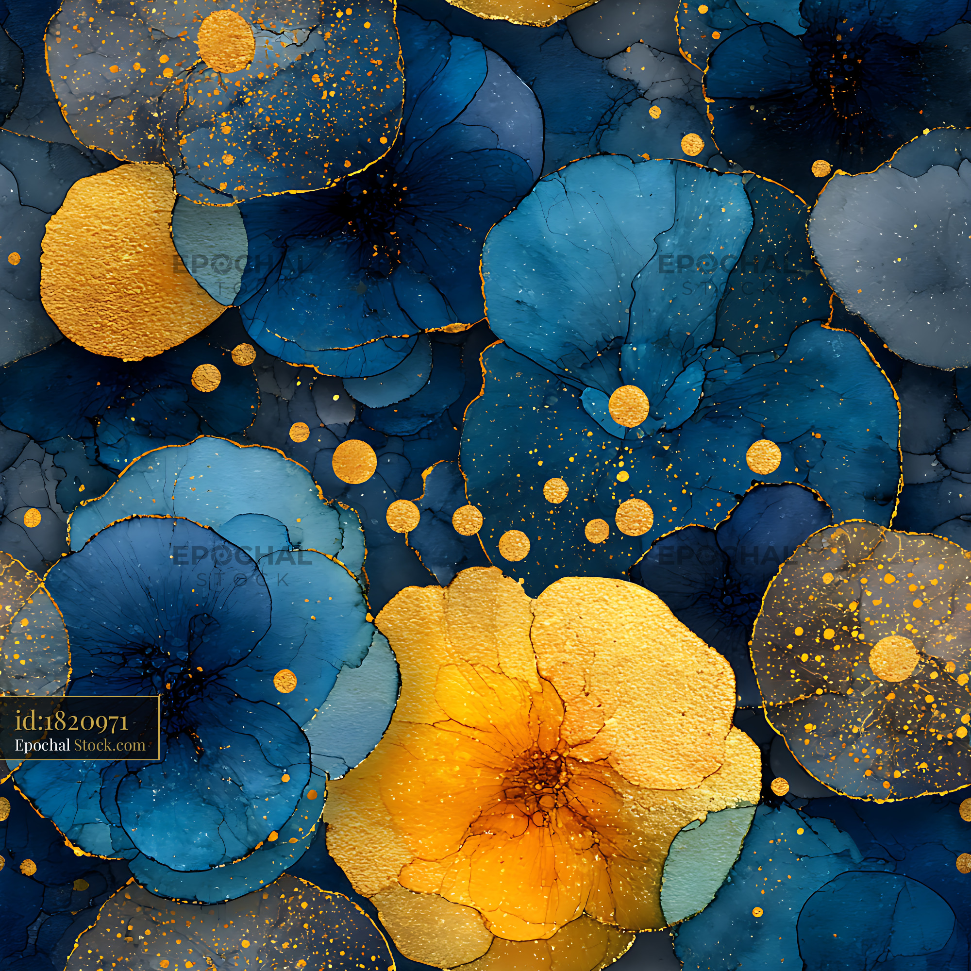 Midnight Blue and Gold Floral Ink Seamless Pattern - stock photo