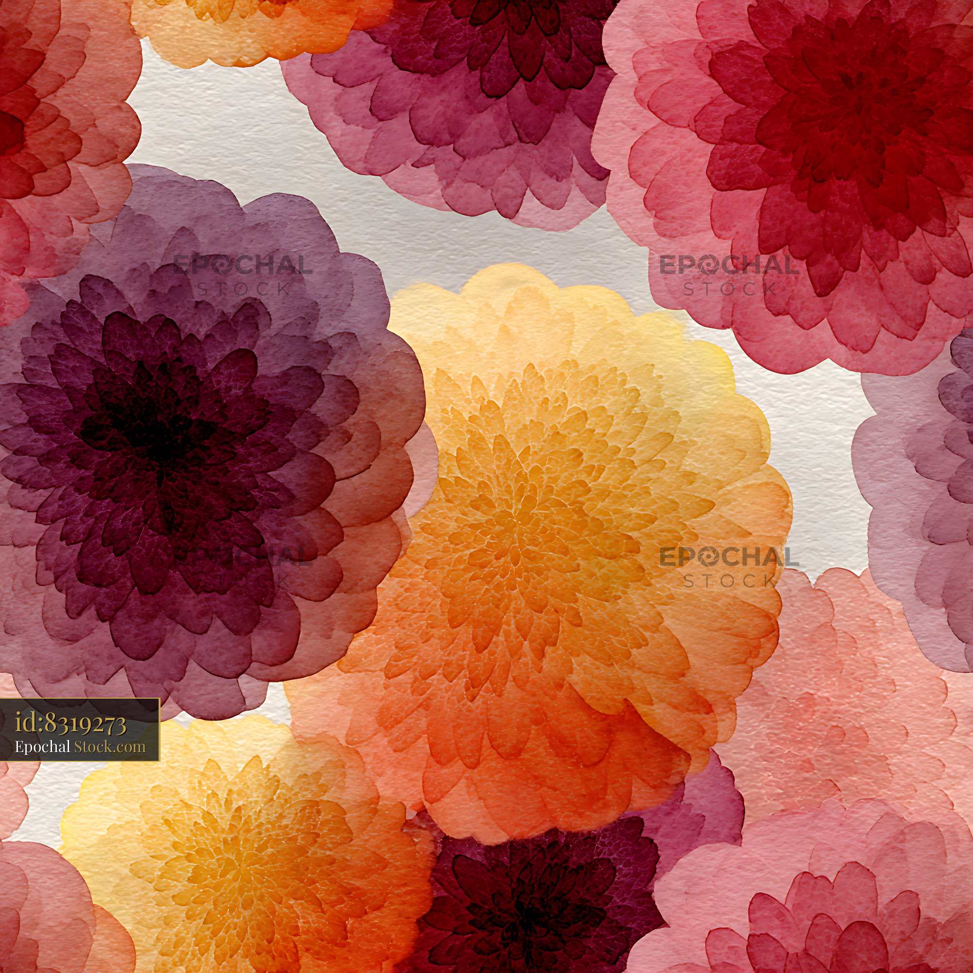 Watercolor Dahlia Blooms Warm Seamless Pattern - stock photo
