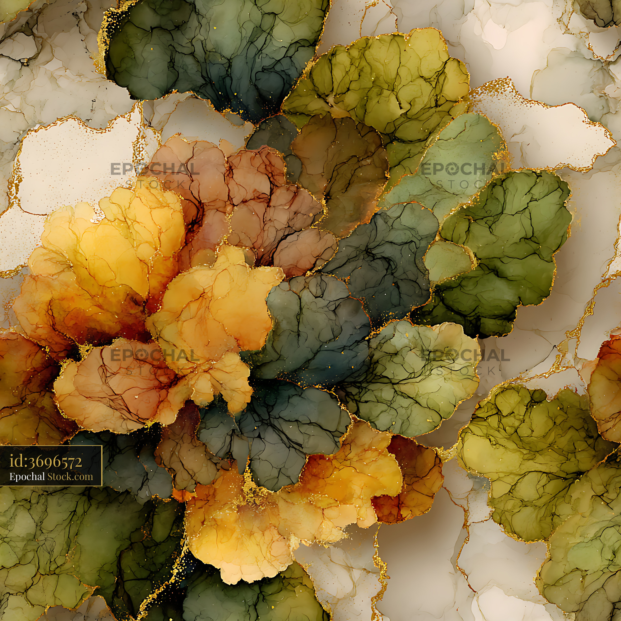 Sage and Ochre Alcohol Ink Floral Seamless Pattern - stock photo