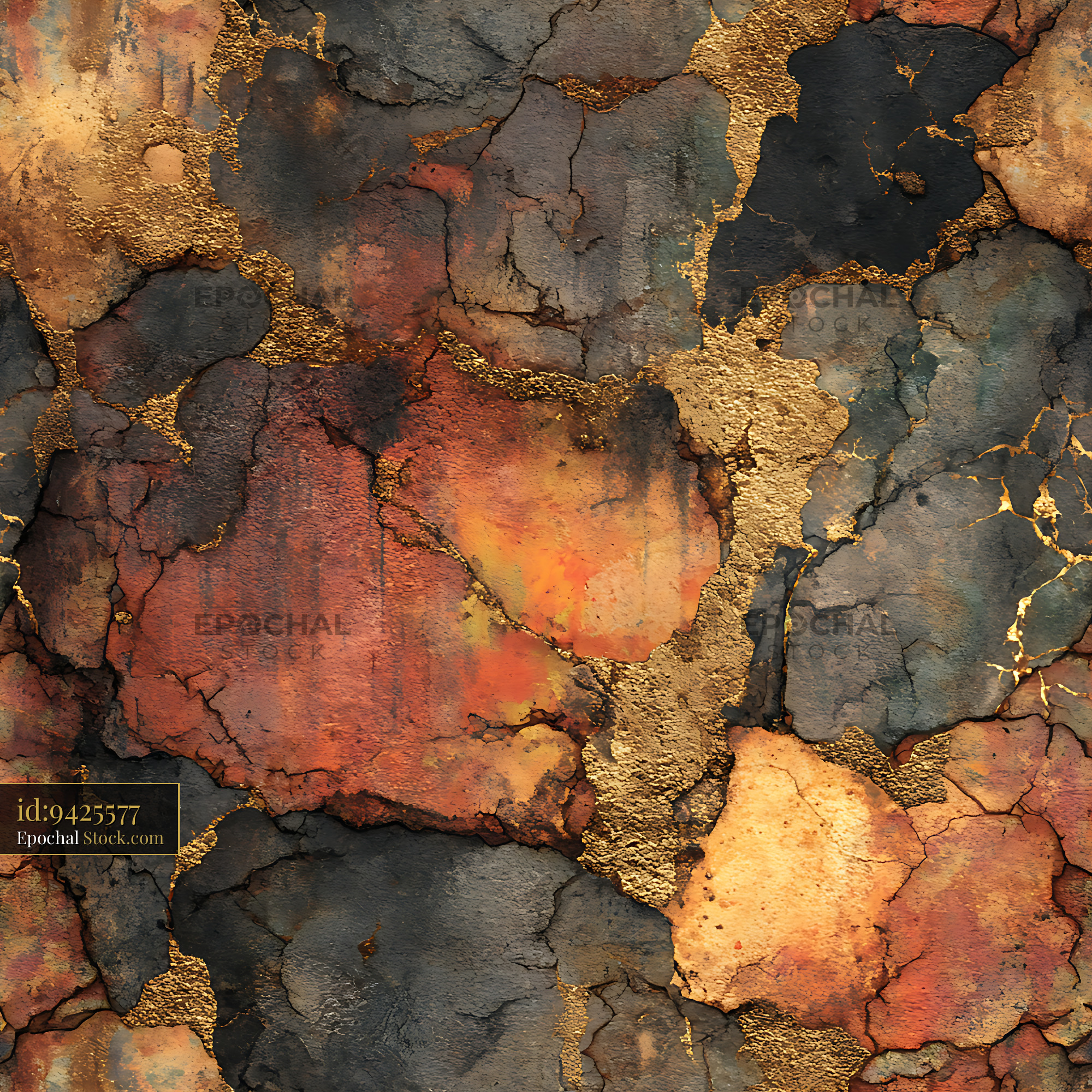 Tangerine and Gold Kintsugi Rock Seamless Pattern - stock photo