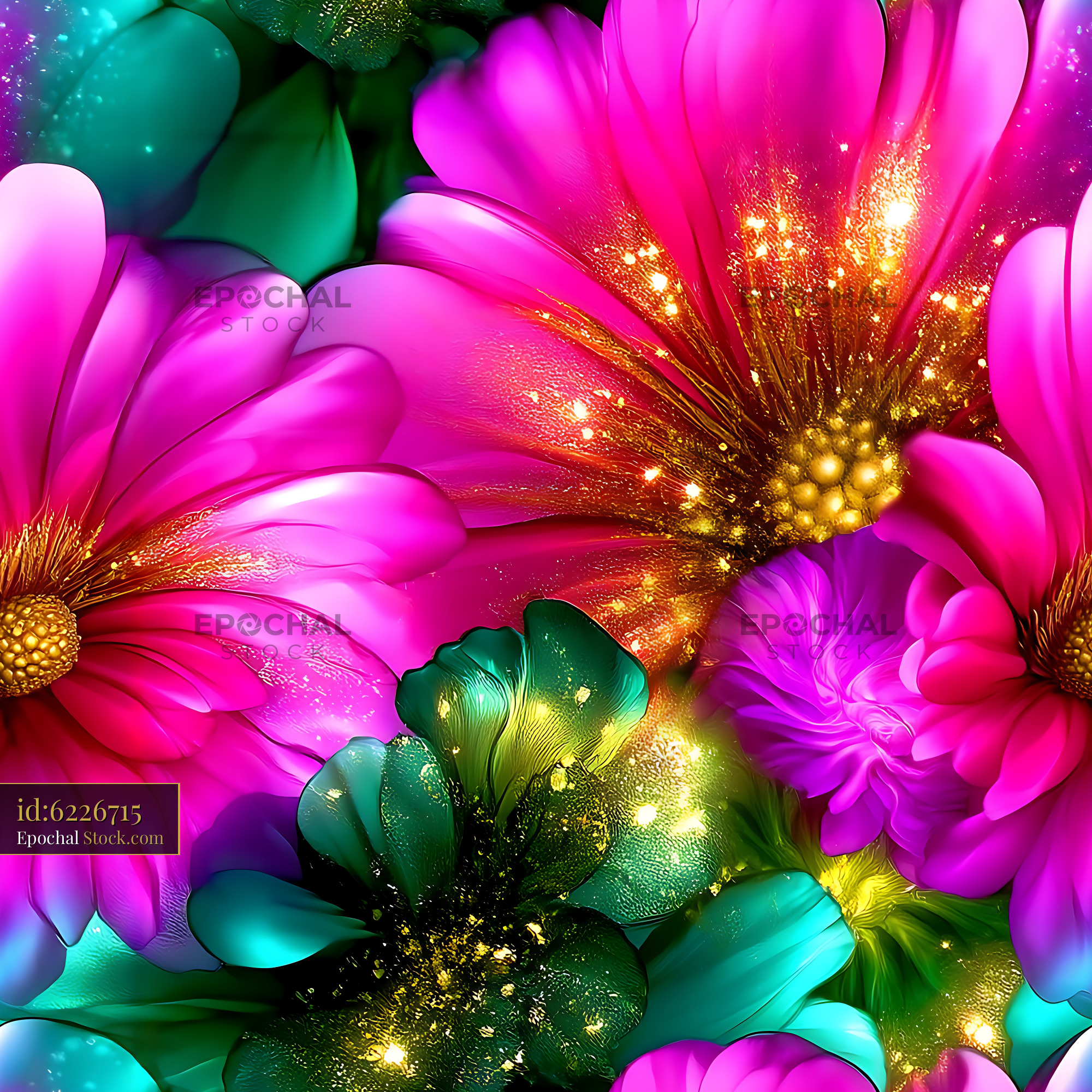 Magenta and Teal Glowing Floral Seamless Pattern - stock photo