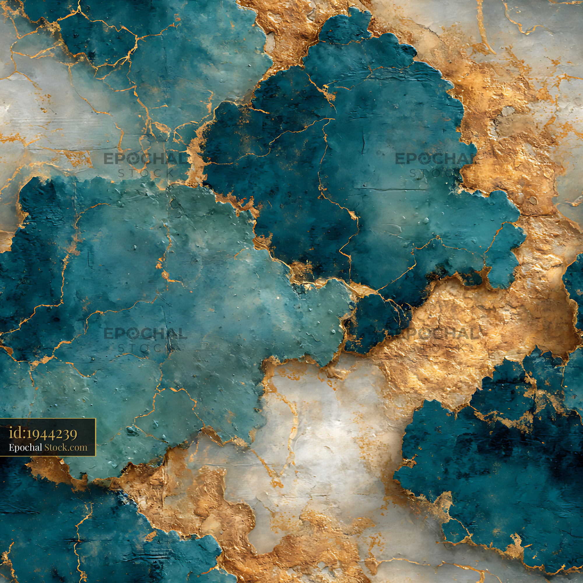 Turquoise and Gold Cracked Stone Seamless Pattern - stock photo