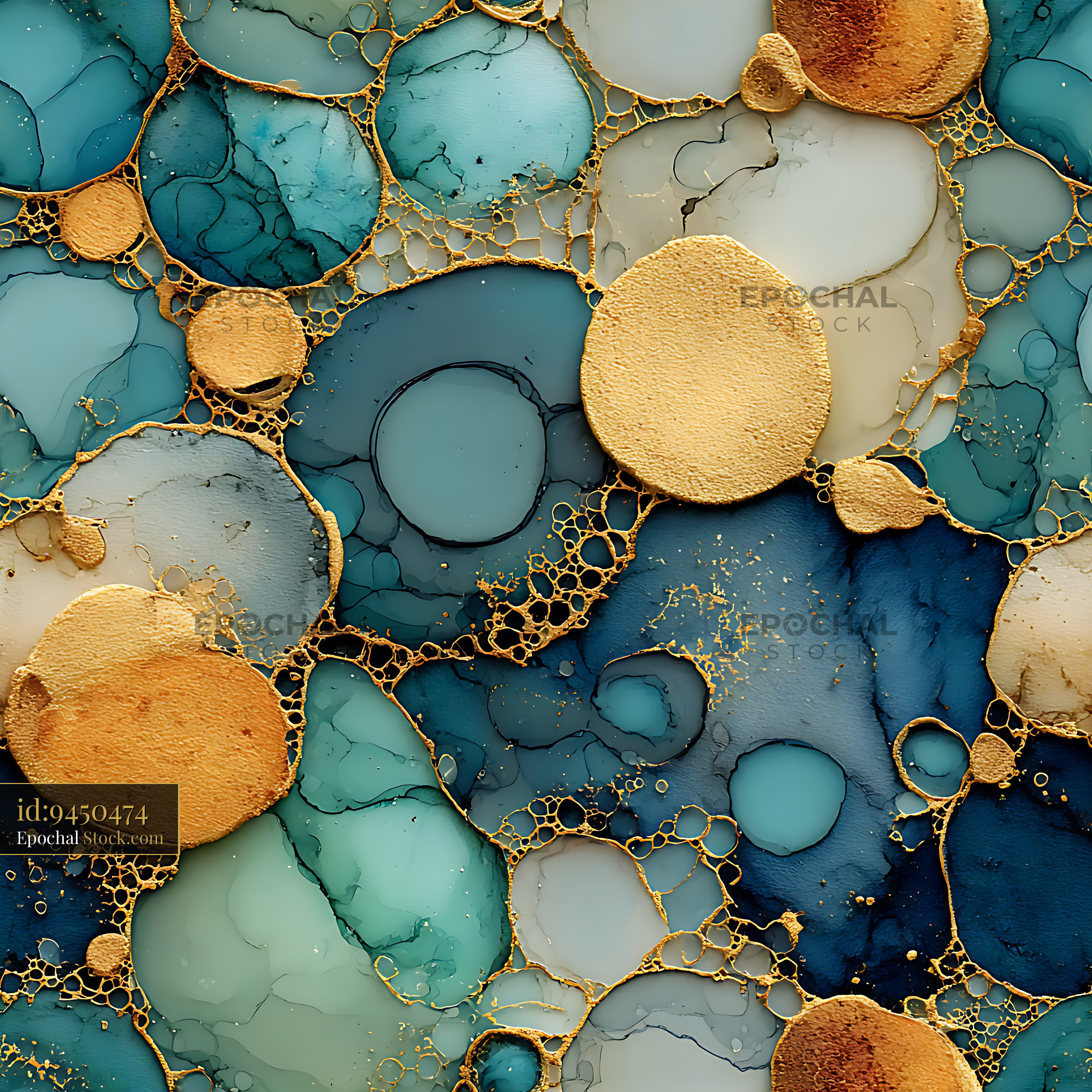 Abstract Teal Gold Alcohol Ink Seamless Pattern - stock photo
