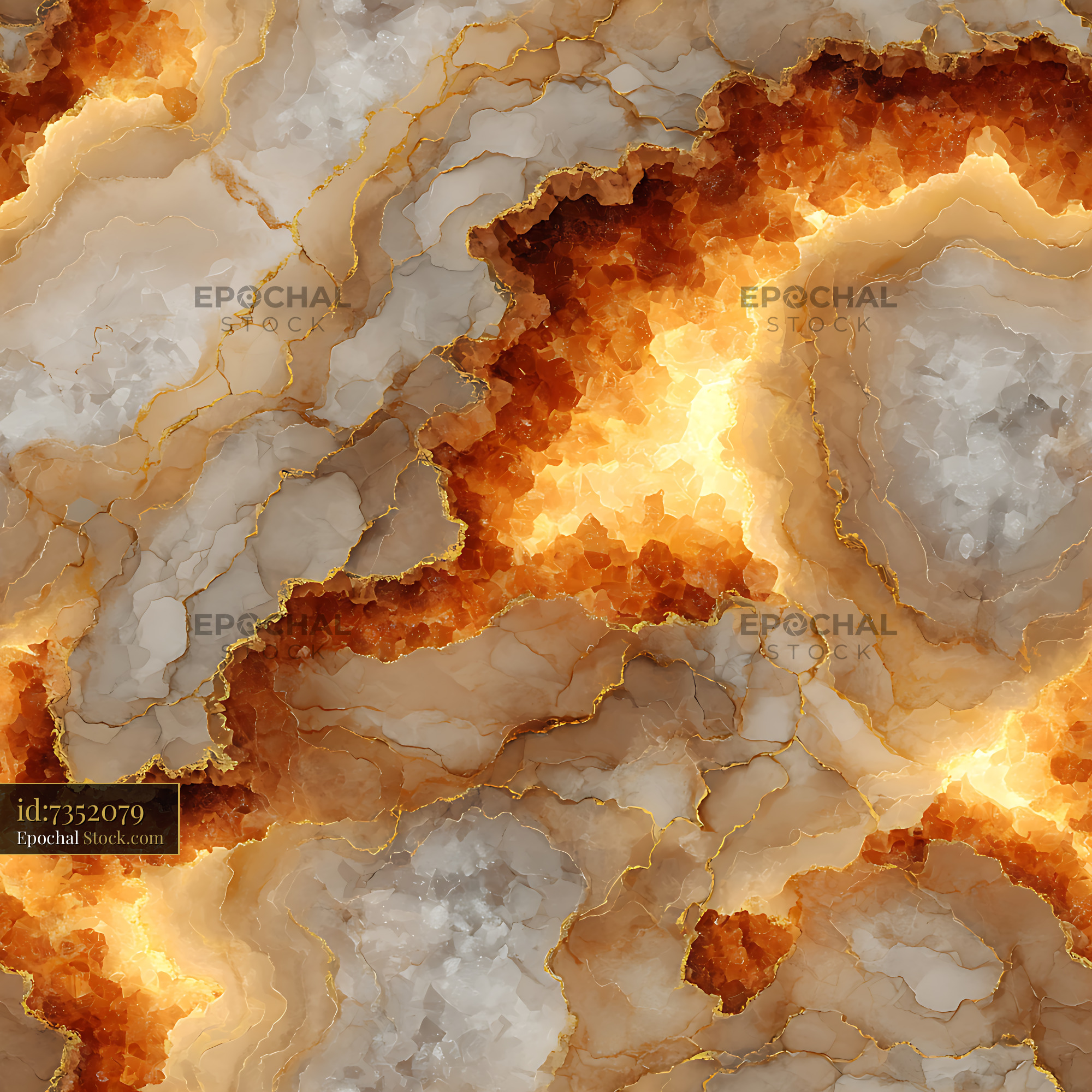 Glowing Amber Geode and Gold Marble Seamless Patte - stock photo
