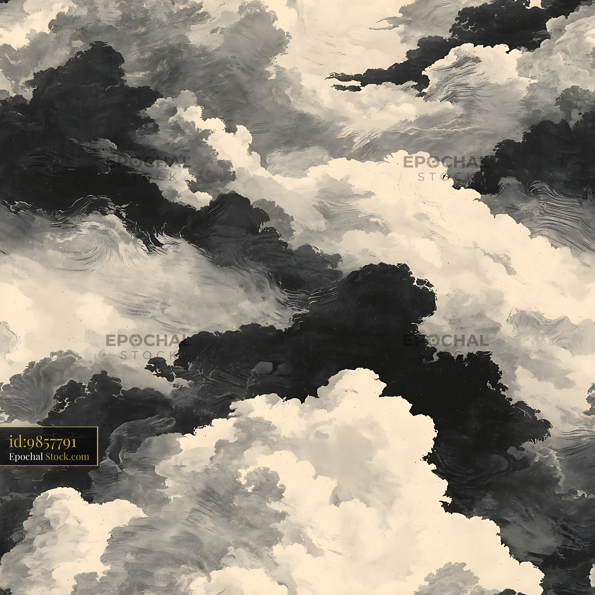 Moody Charcoal and Cream Clouds Seamless Pattern - stock photo