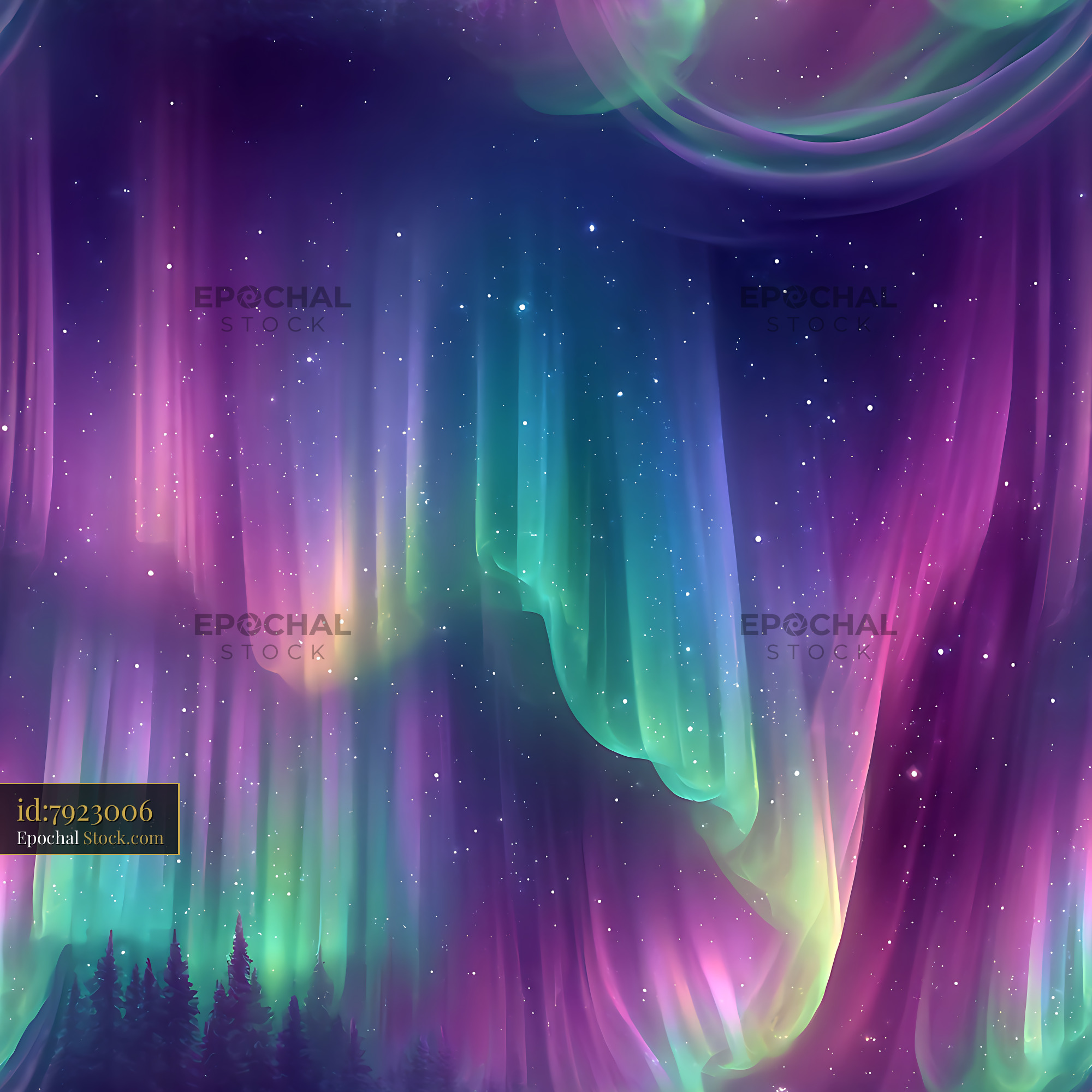 Northern Lights Forest Night Sky Seamless Pattern - stock photo