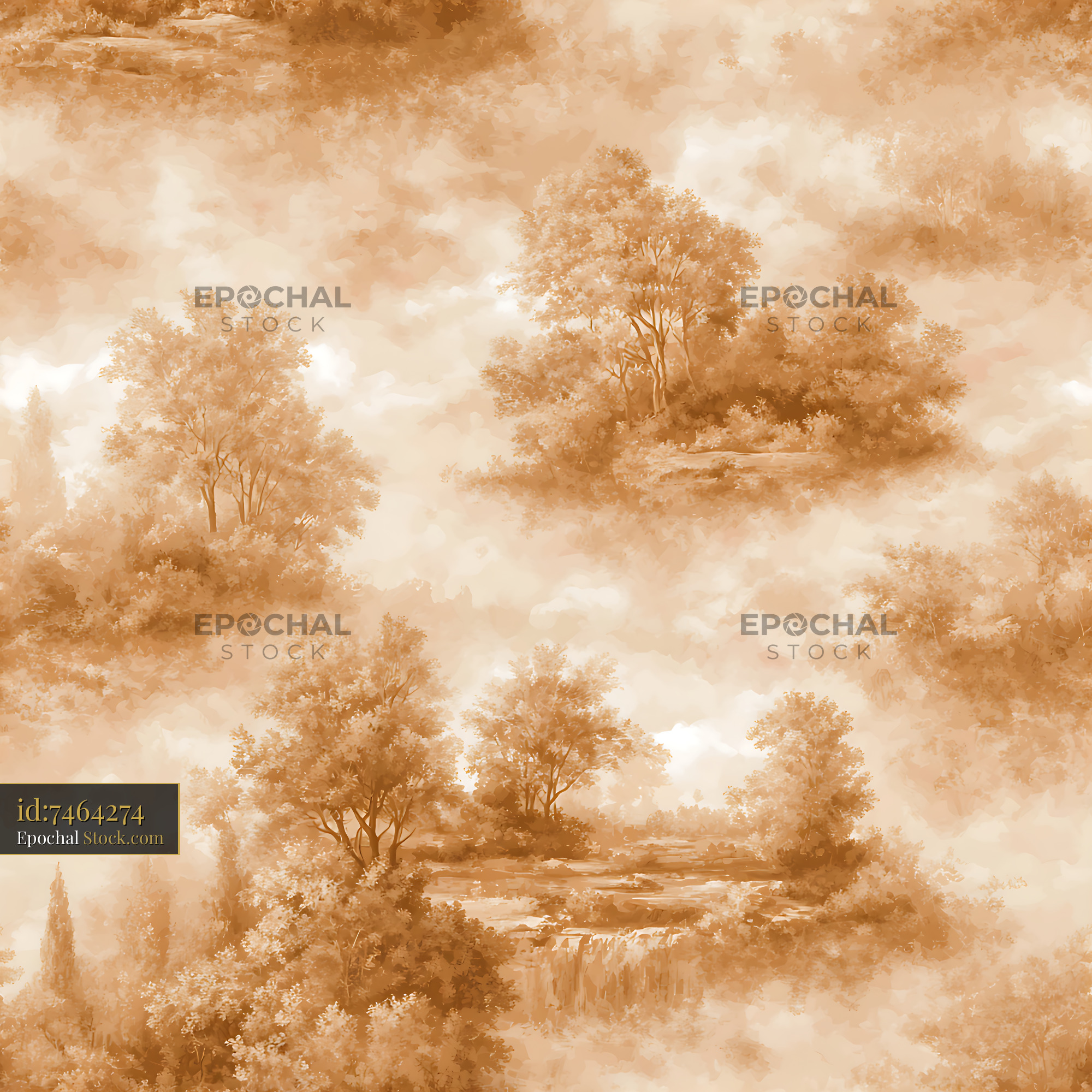 Antique Sepia Toile Landscape Seamless Pattern - stock photo