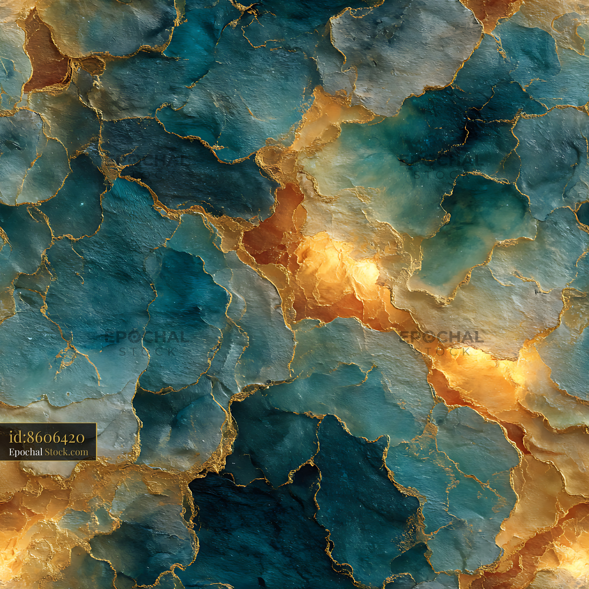 Teal and Gold Kintsugi Marble Seamless Pattern - stock photo