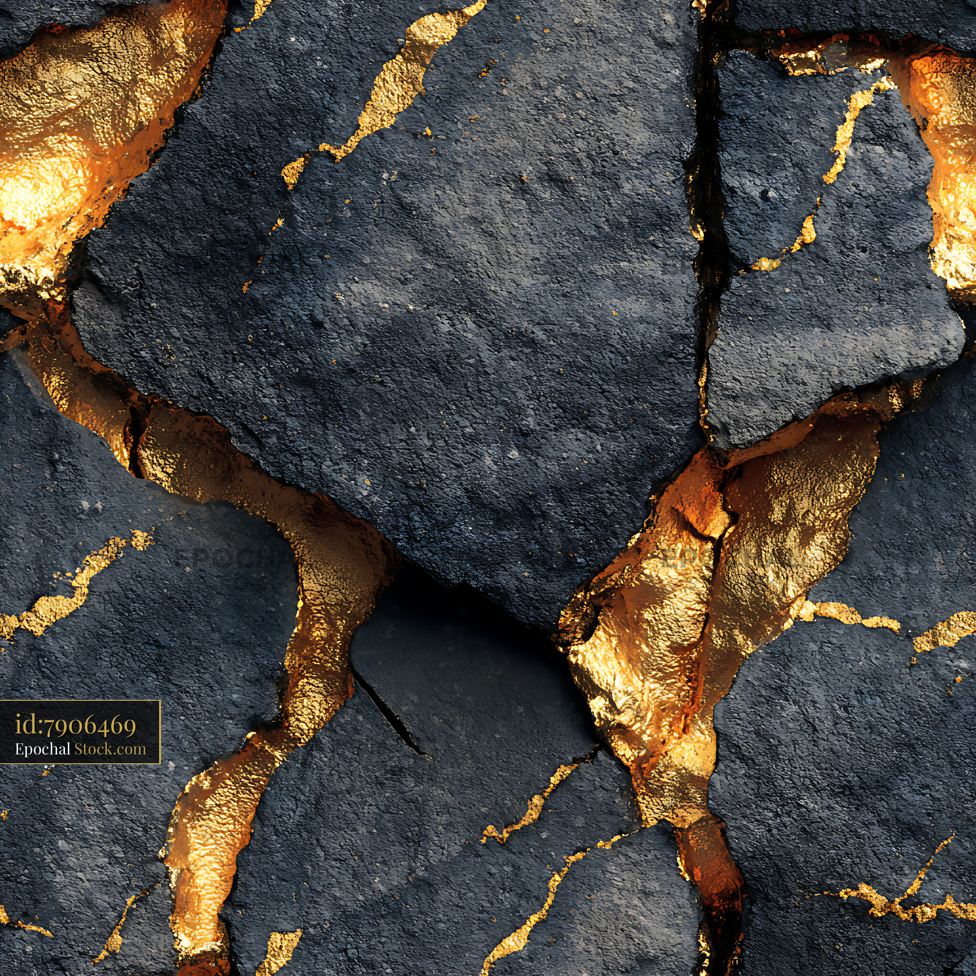 Kintsugi Gold Veined Black Stone Seamless Pattern - stock photo