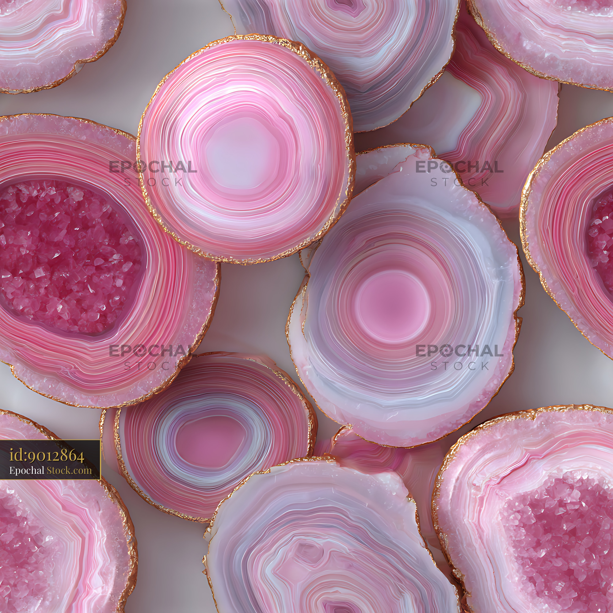 Pink Agate Geode Slices With Gold Repeat Pattern - stock photo