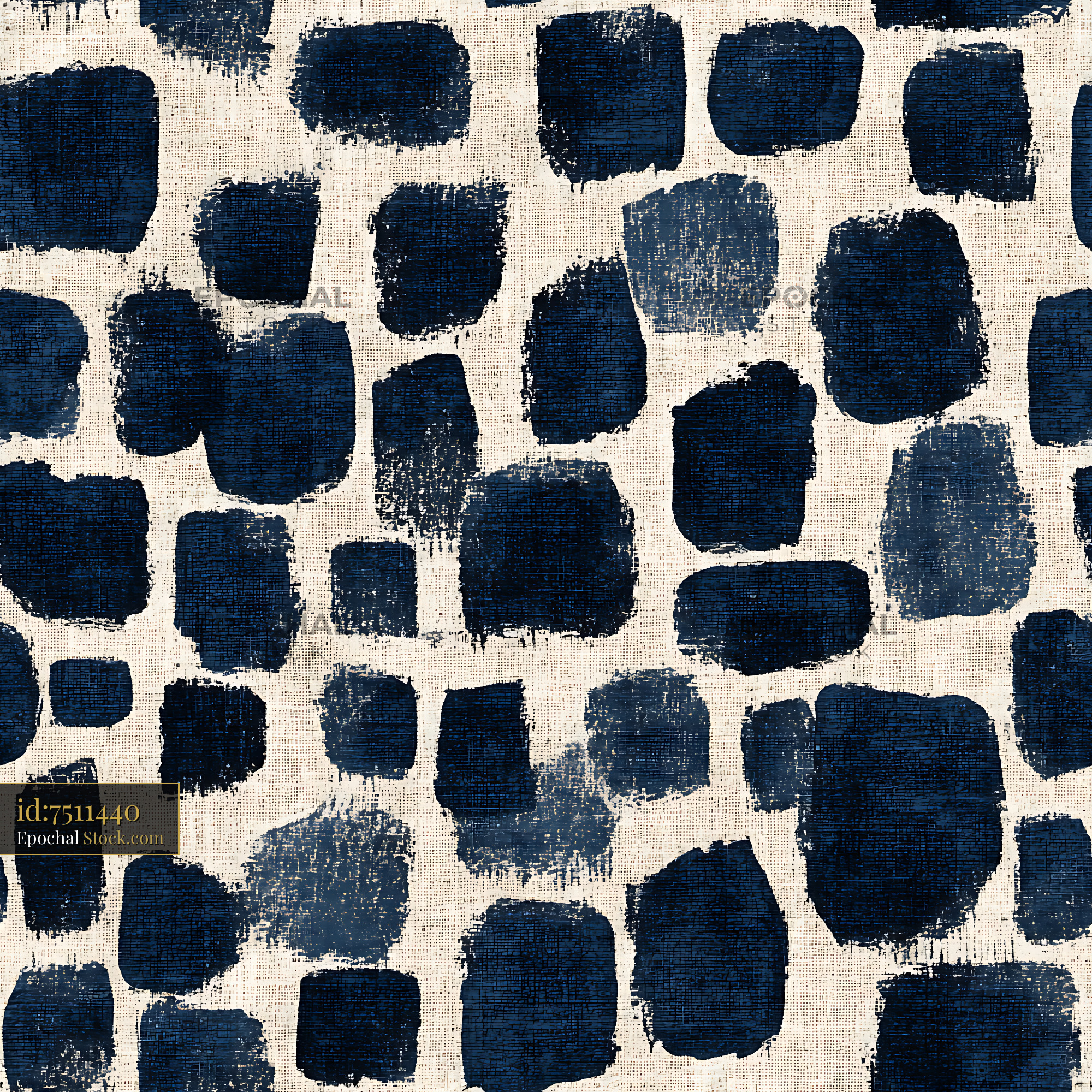 Indigo Block Print Seamless Pattern on Cream Linen - stock photo