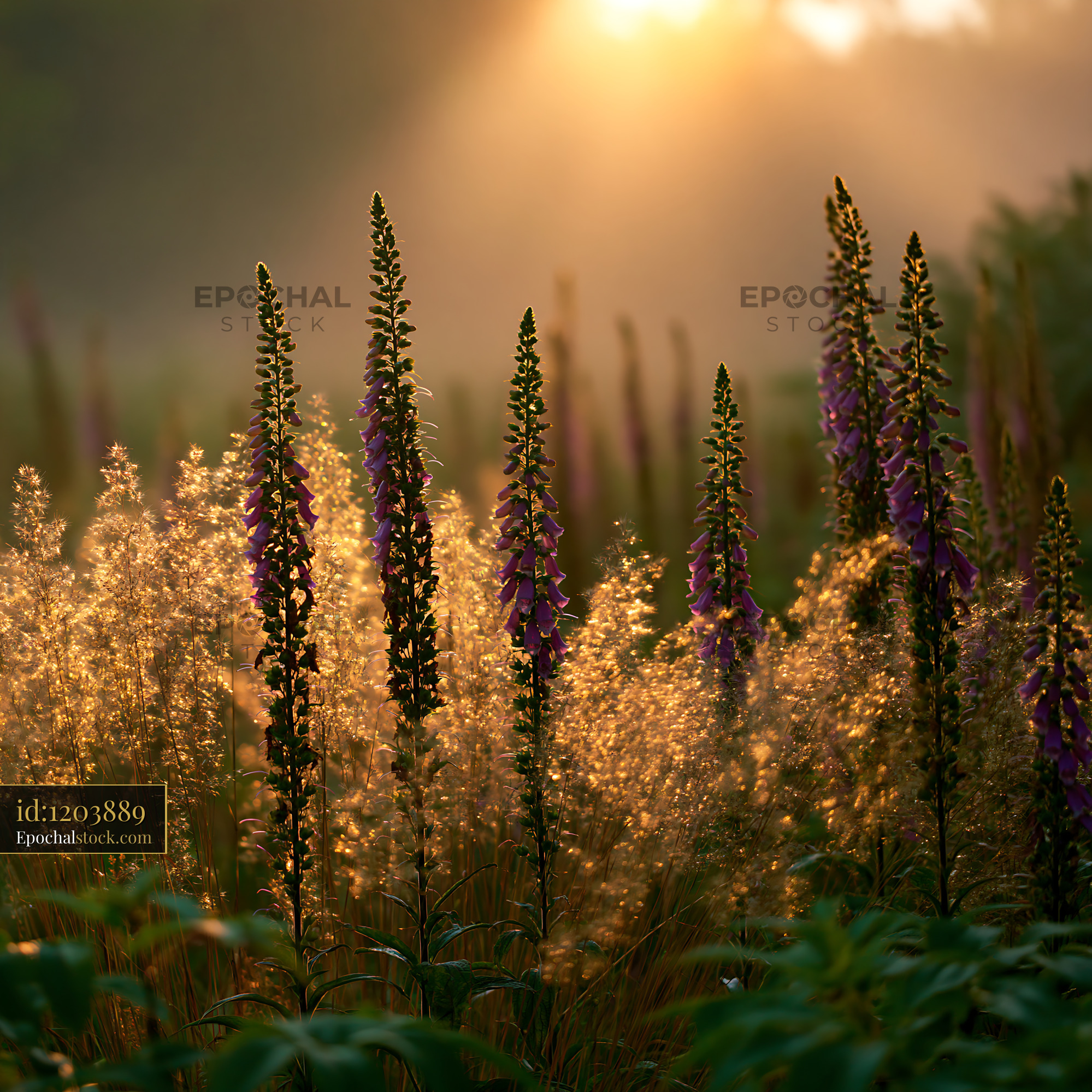 Watermarked full-resolution preview of Golden hour light shines on wildflowers in a meadow