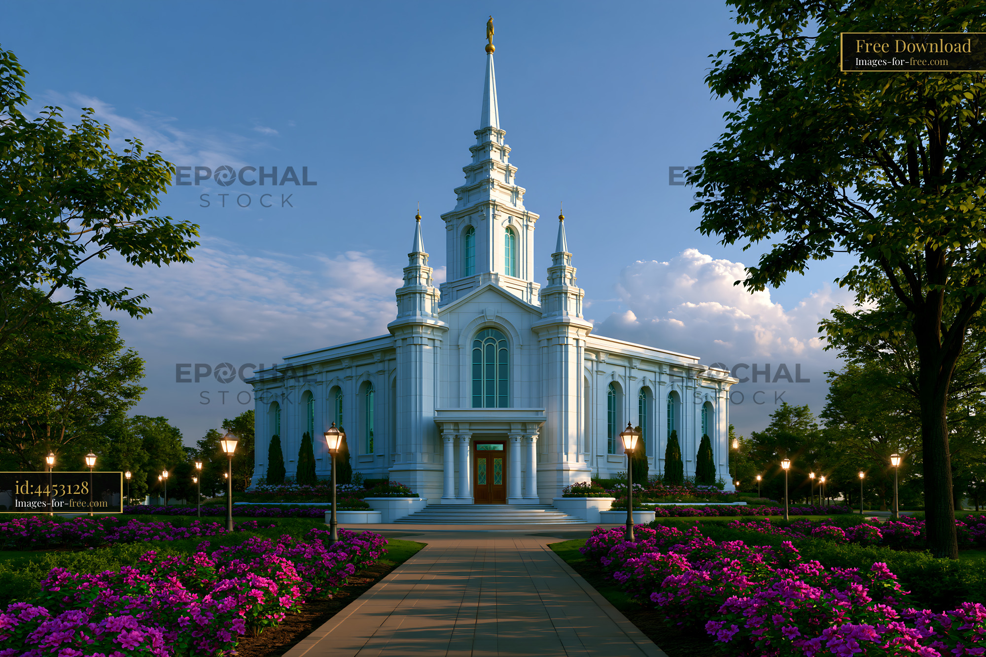 Watermarked full-resolution preview of Modern church building surrounded by flowers and trees