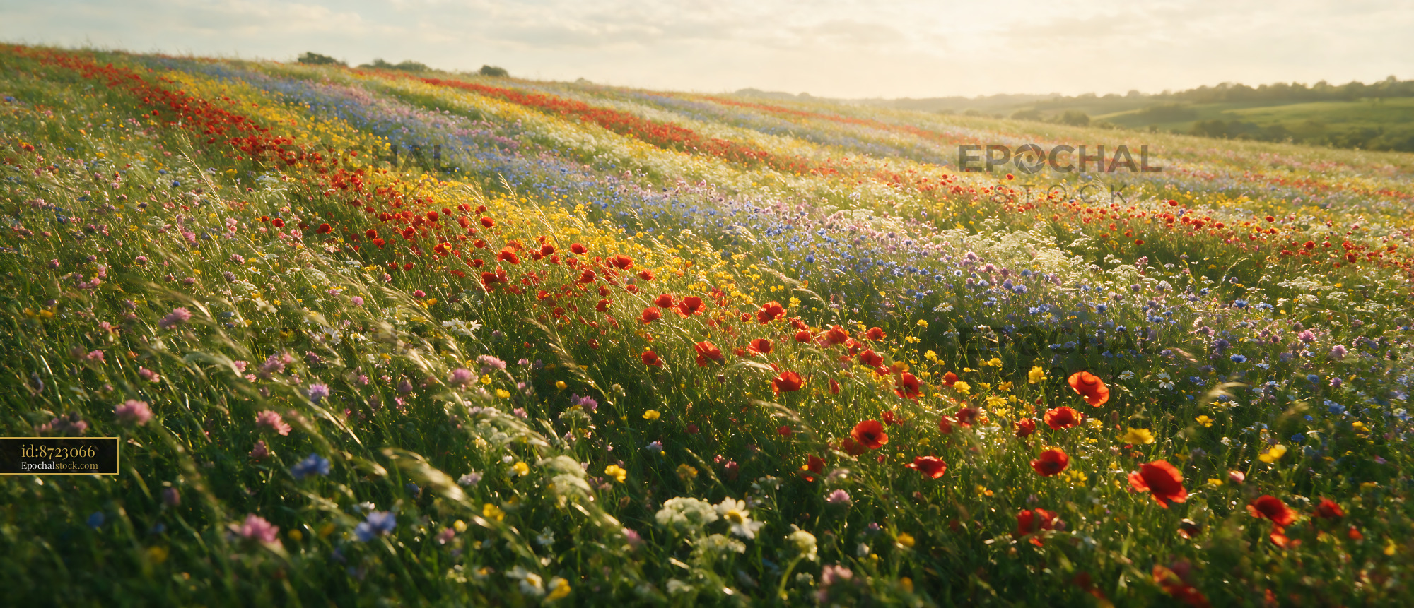Watermarked full-resolution preview of Colorful wildflower field at sunset in spring season