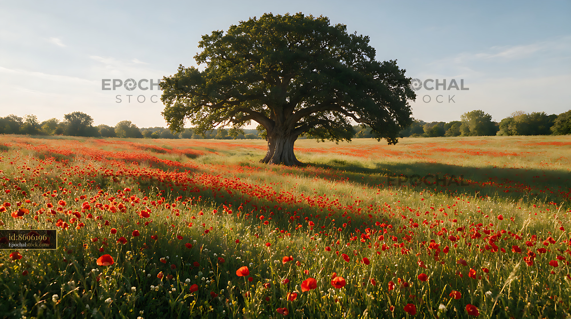 Watermarked full-resolution preview of Vibrant field of poppies under a large tree