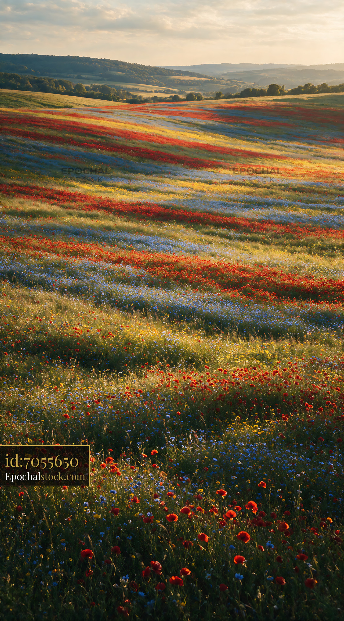 Watermarked full-resolution preview of Vibrant flower field in rolling landscape during golden hour
