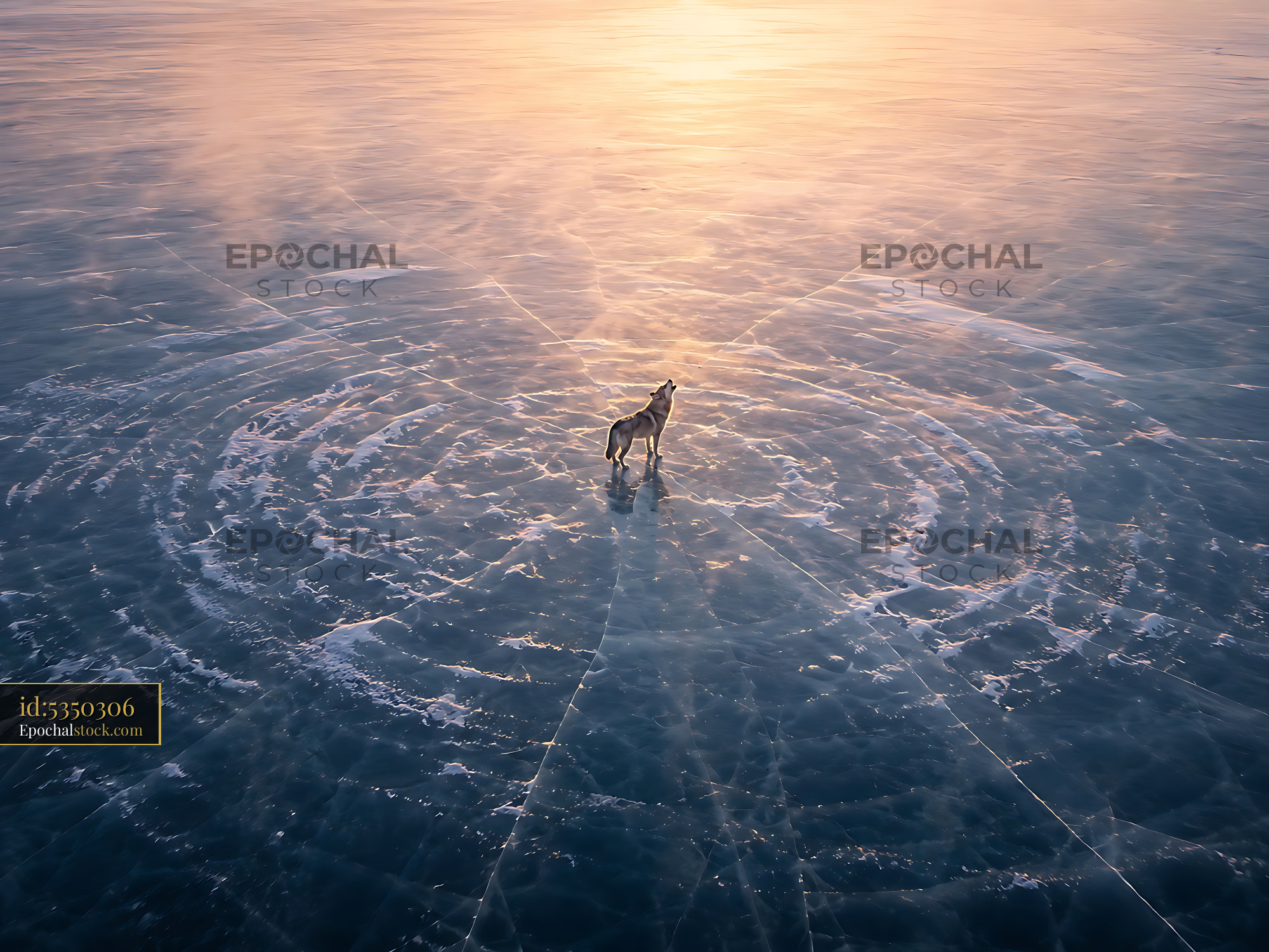 Watermarked full-resolution preview of Dog standing alone on icy surface at sunset
