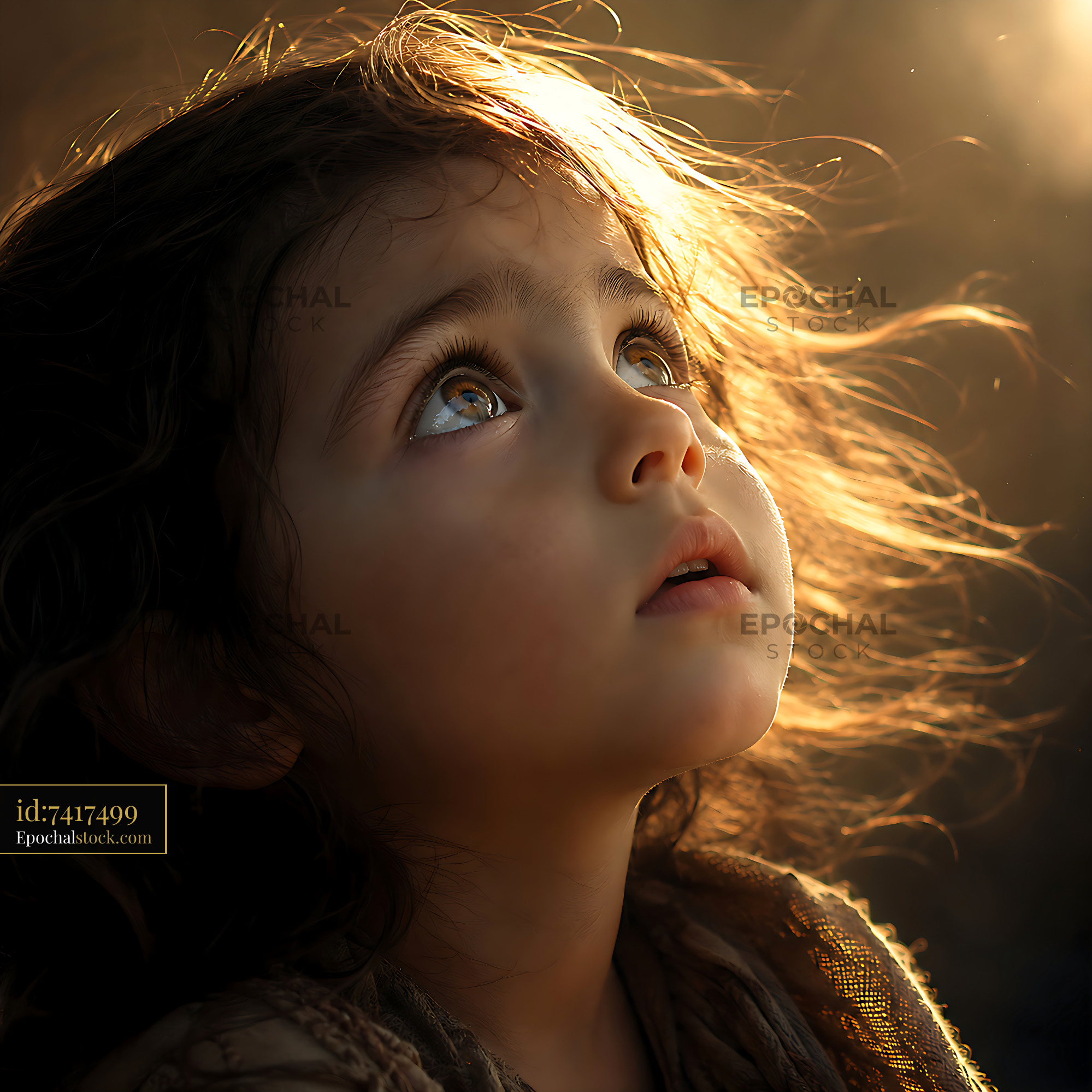 Watermarked full-resolution preview of Child gazing upwards with sunlight illuminating her face