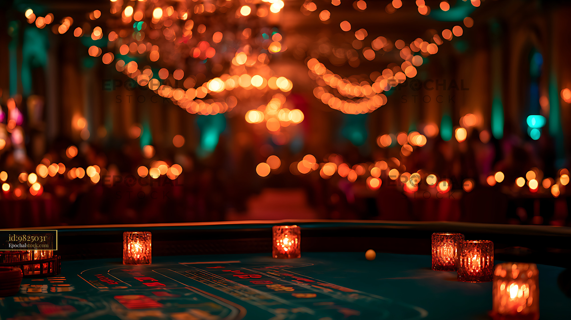 Watermarked full-resolution preview of Warmly lit casino table with cards and bokeh lights