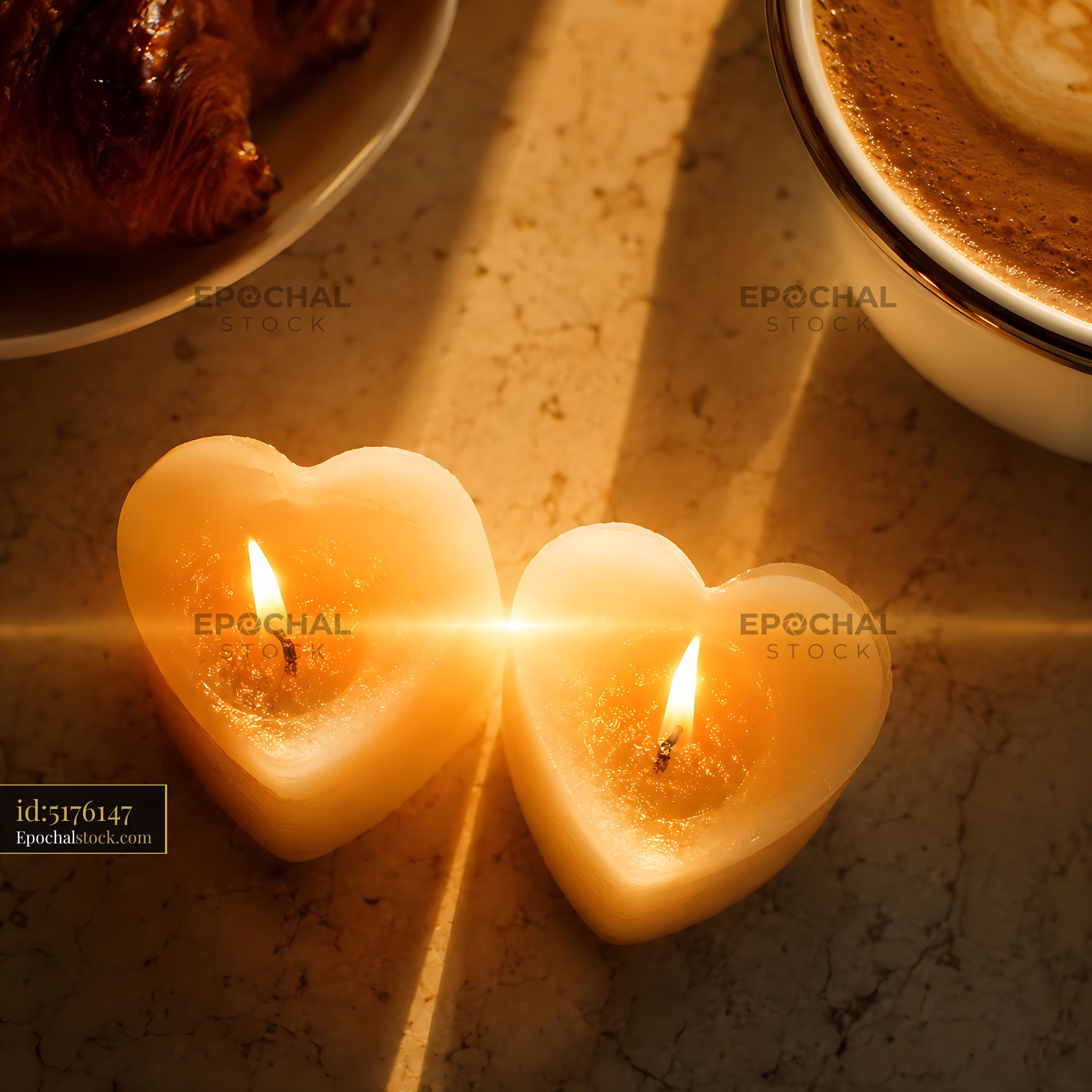 Watermarked full-resolution preview of Heart-shaped candles beside coffee and croissant