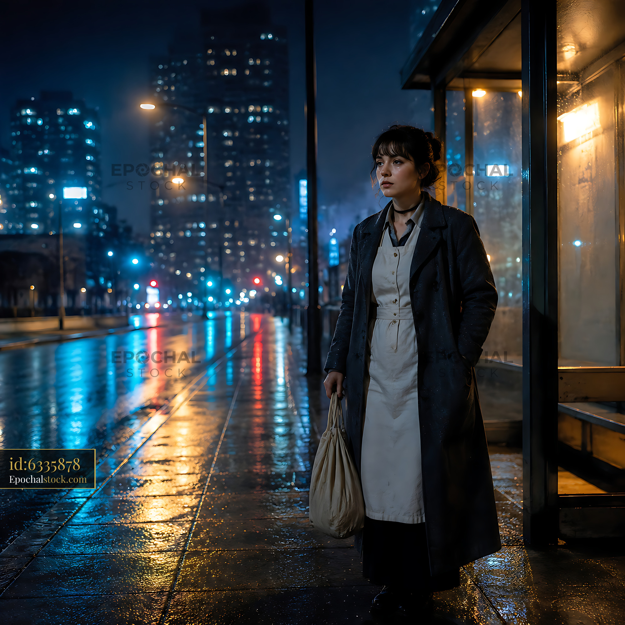 Watermarked full-resolution preview of Woman waiting at bus stop on rainy night in urban setting