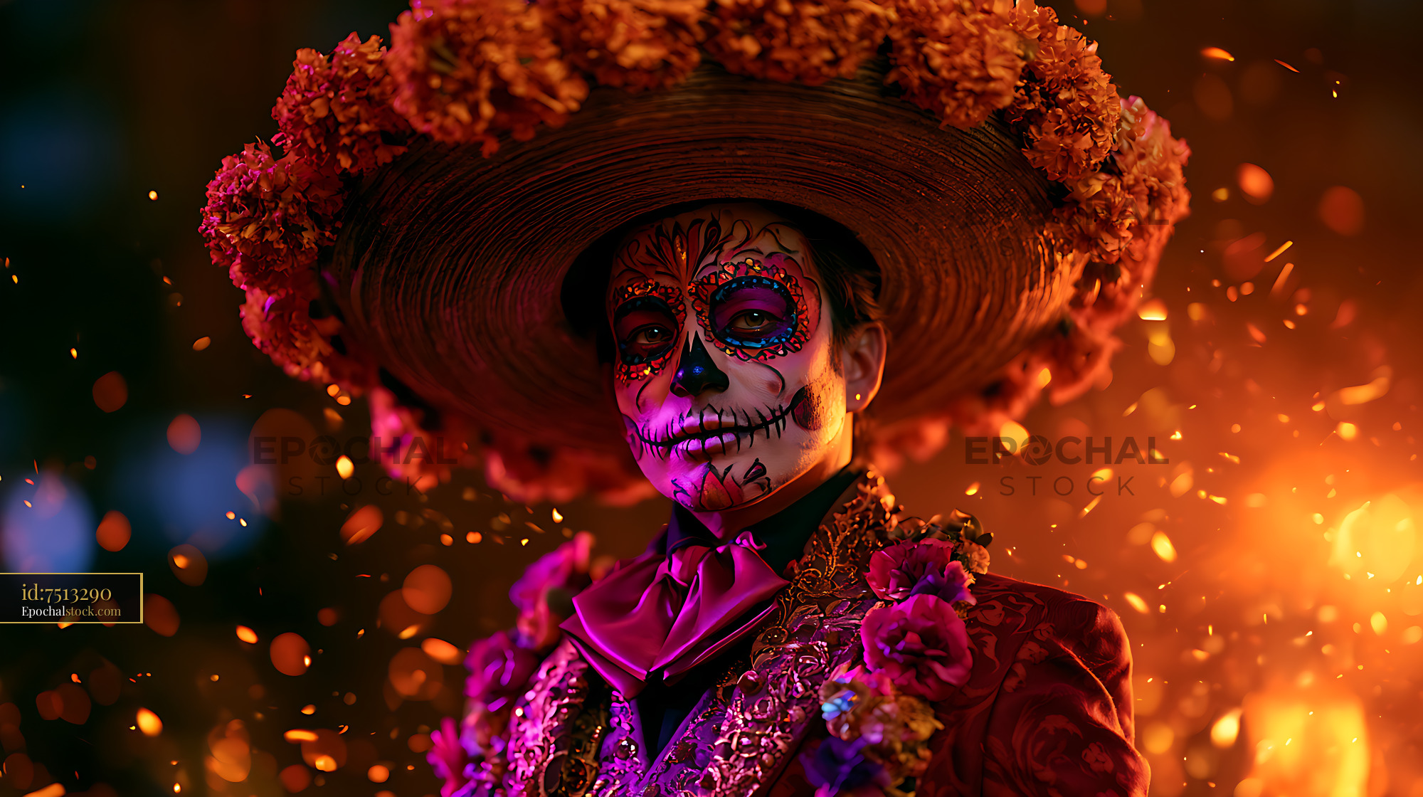 Watermarked full-resolution preview of Colorful Portrait with Skull Face Paint and Floral Hat