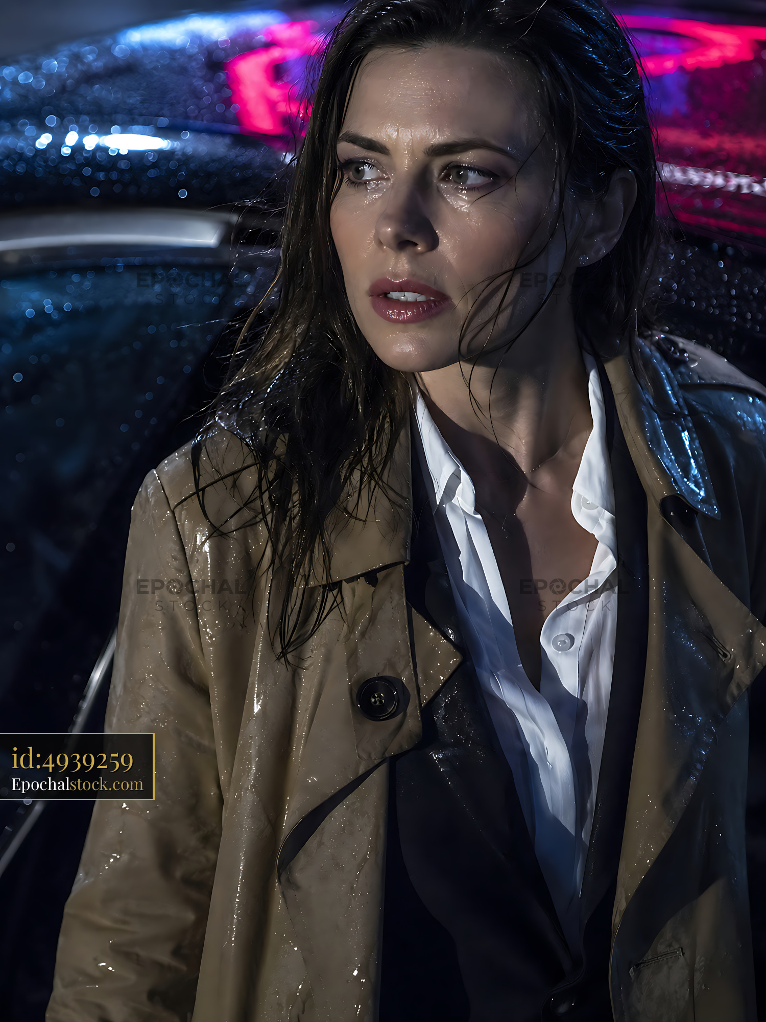 Woman Stands in Rain Near Car Under Neon Lights at Night - stock photo