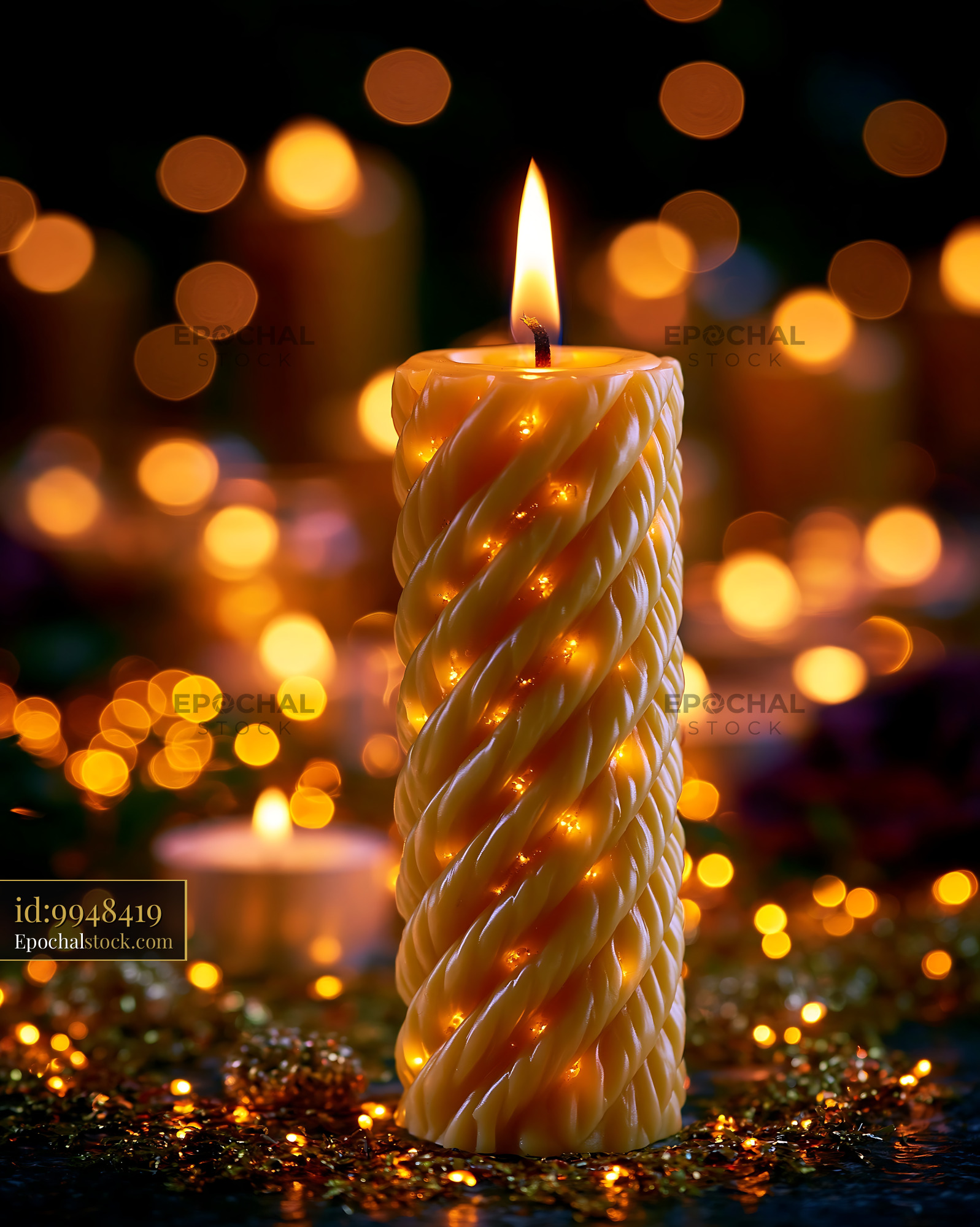 Watermarked full-resolution preview of Twisted yellow candle among blurred lights and other candles