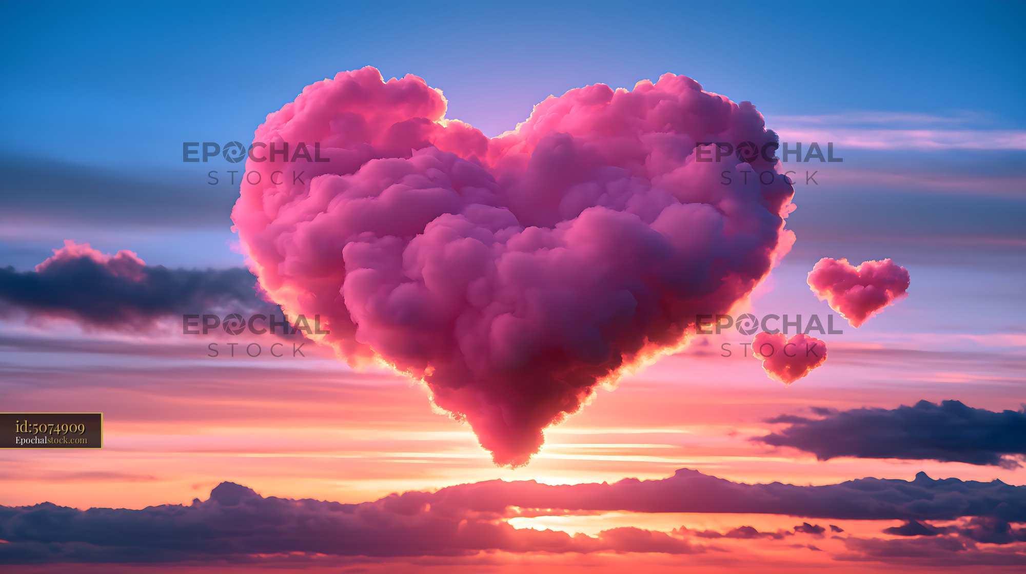Watermarked full-resolution preview of Heart-shaped pink cloud in a vivid sunset cloudscape