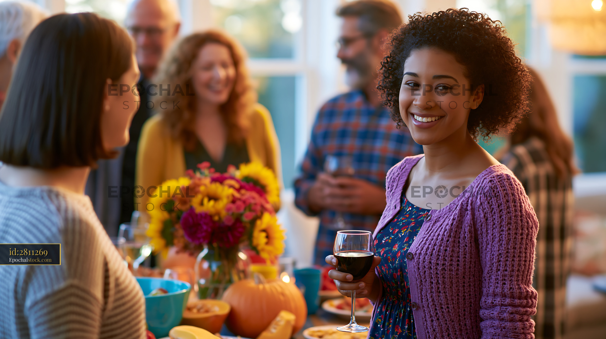 Watermarked full-resolution preview of Gathering at autumn party with food and drinks