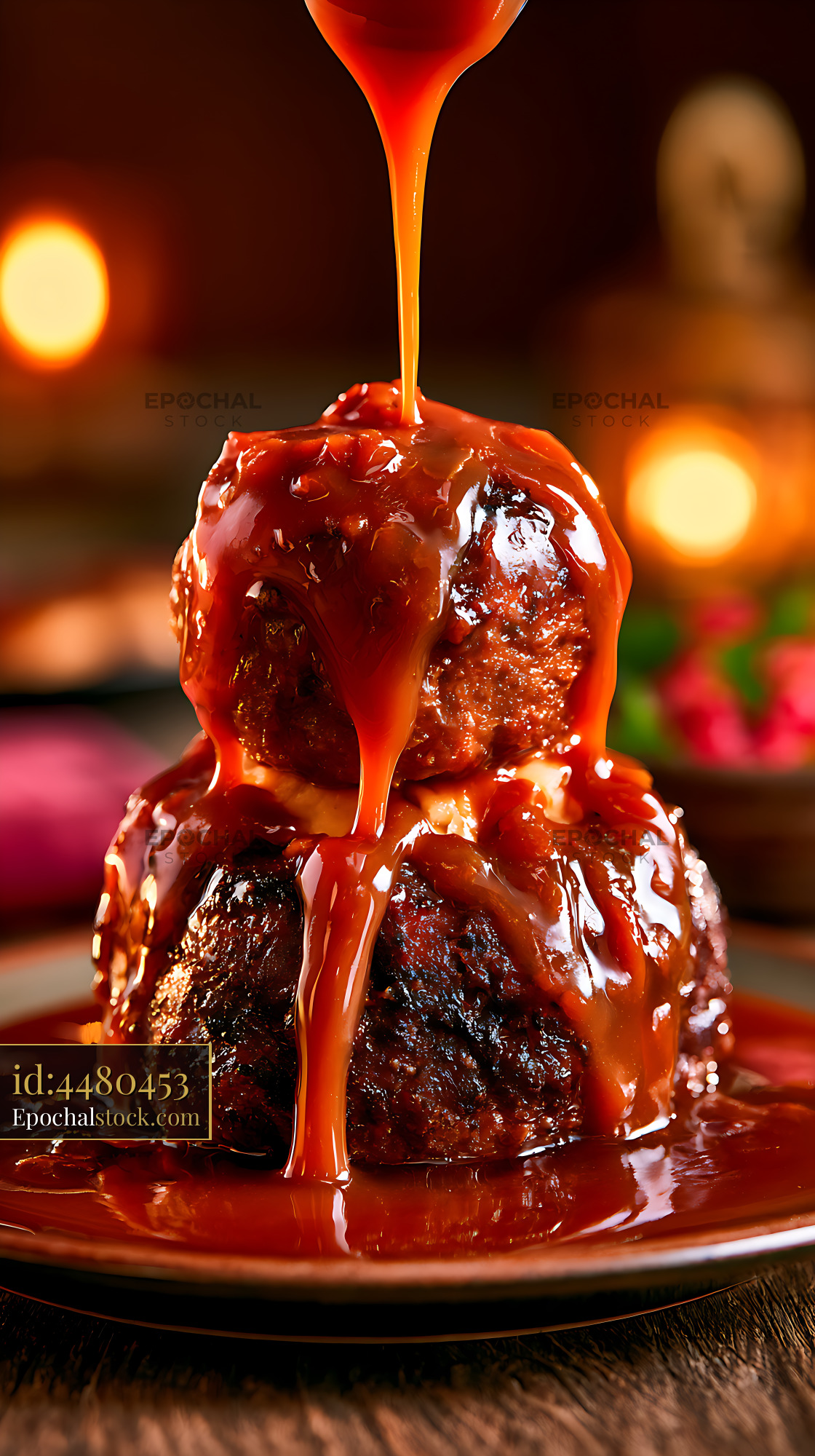 Watermarked full-resolution preview of Glossy caramel pouring over a stacked chocolate dessert