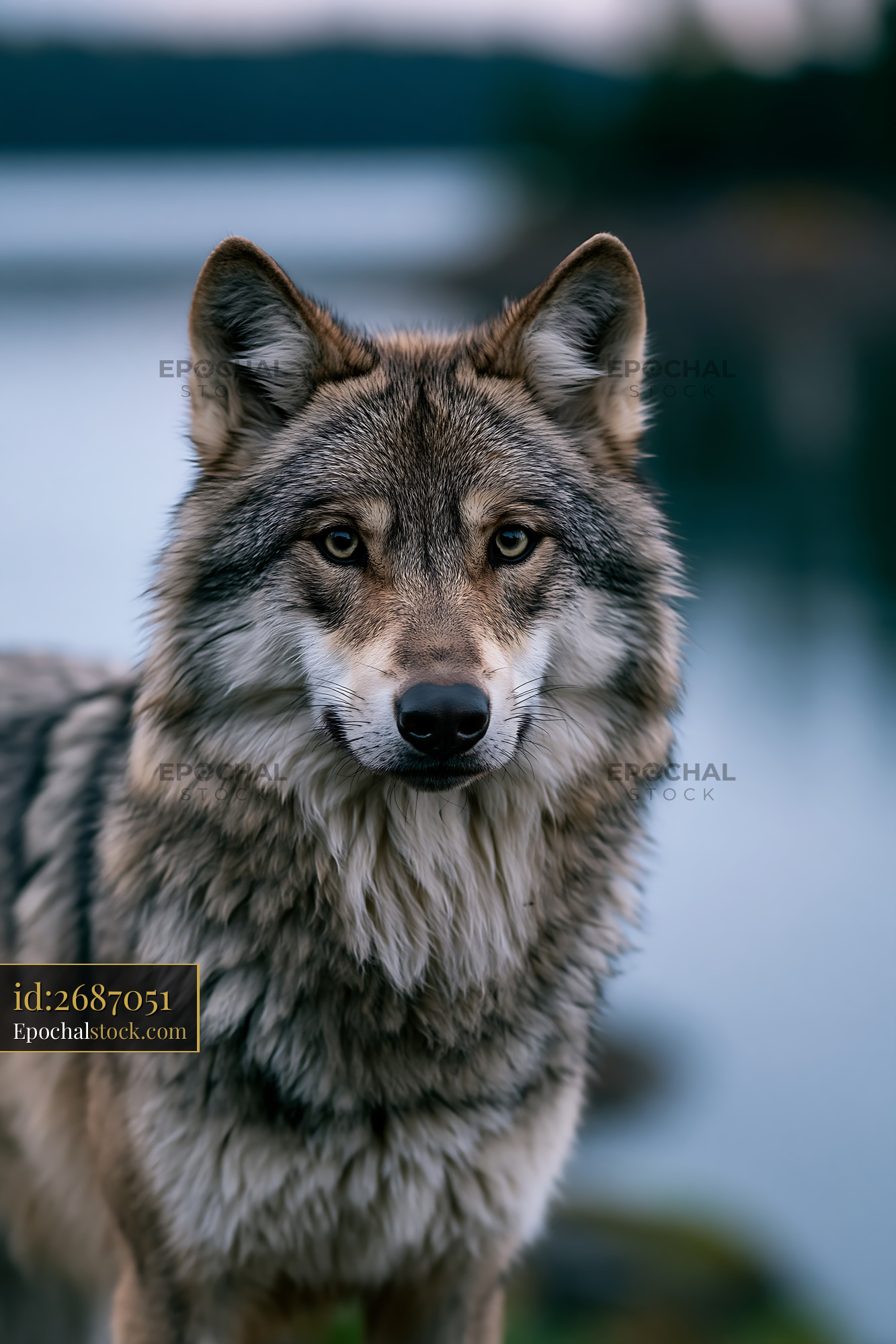 Watermarked full-resolution preview of Wolf standing by the water with a blurred background