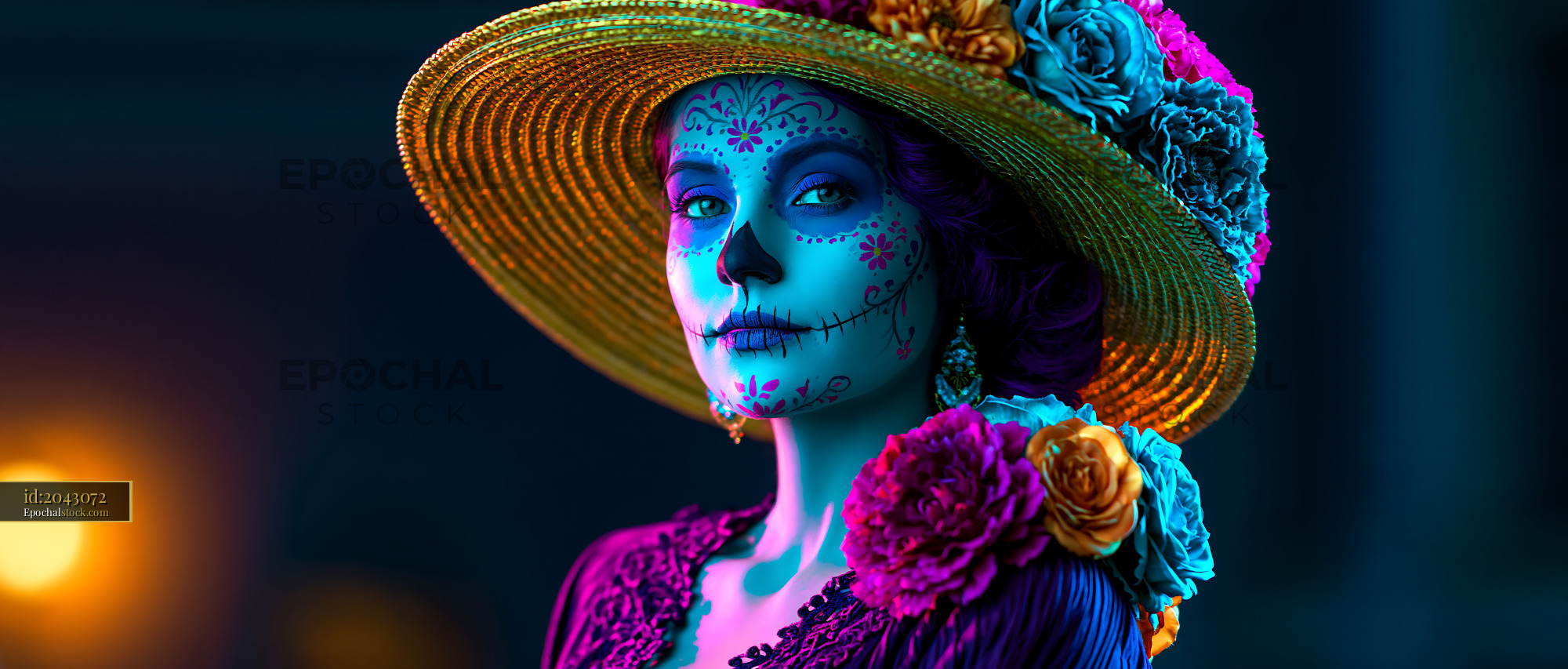 Watermarked full-resolution preview of Woman with colorful flowers and skull makeup