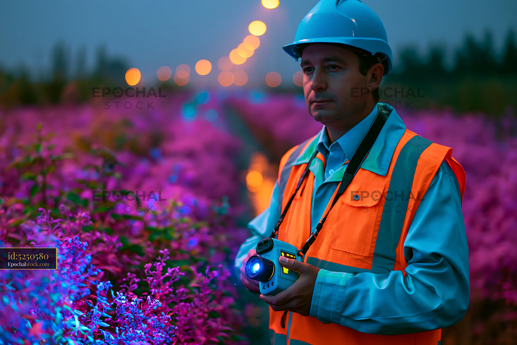 Watermarked full-resolution preview of Photographer capturing flowers during dusk with blue light