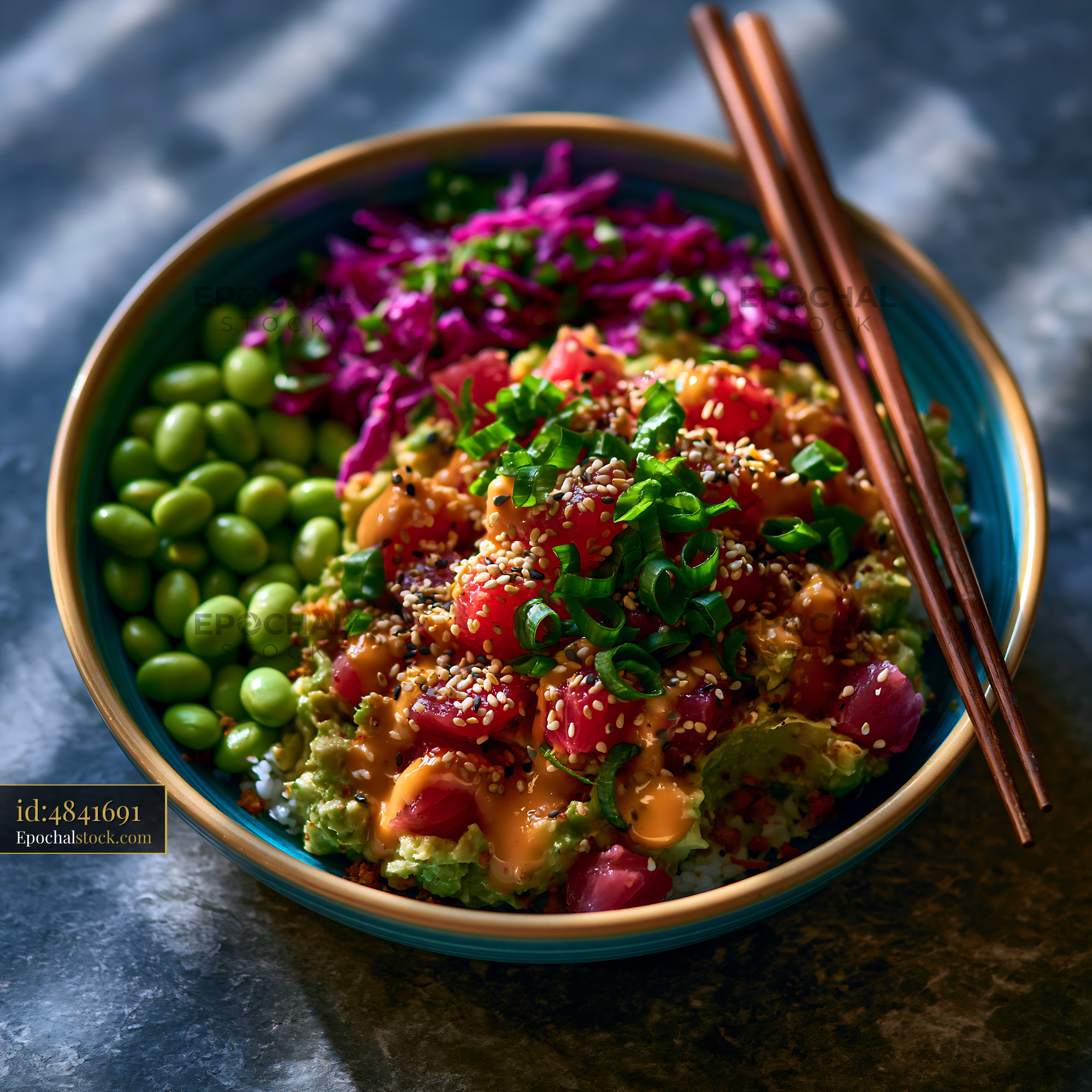 Watermarked full-resolution preview of Bowl of colorful sushi rice with vegetables and fish topping
