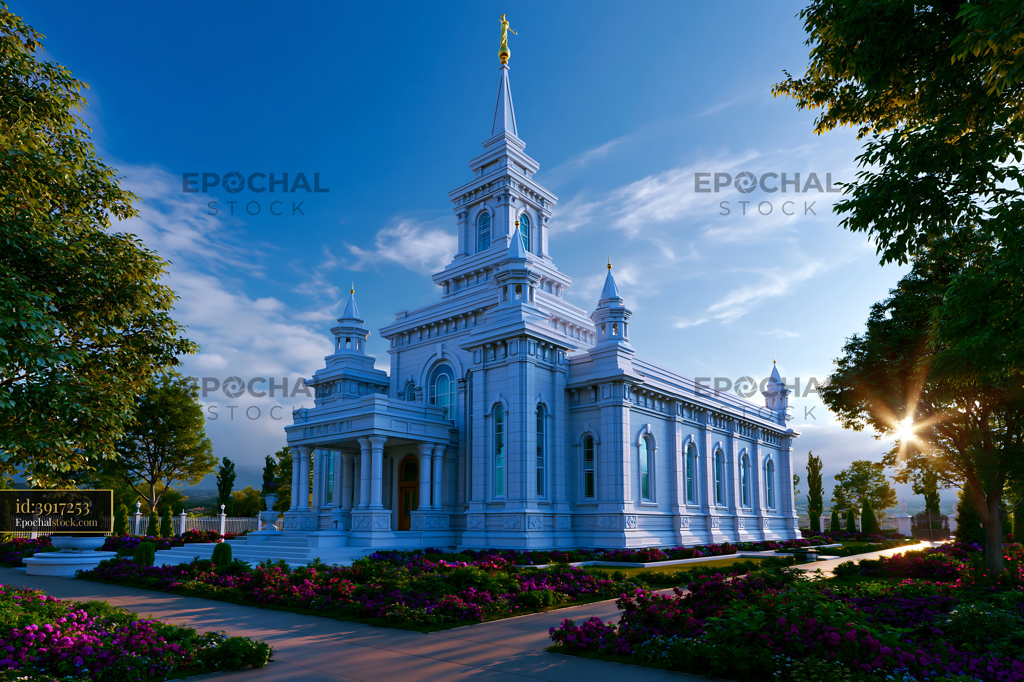 Payso Church With Gardens and Blue Sky in Golden Hour Light - stock photo