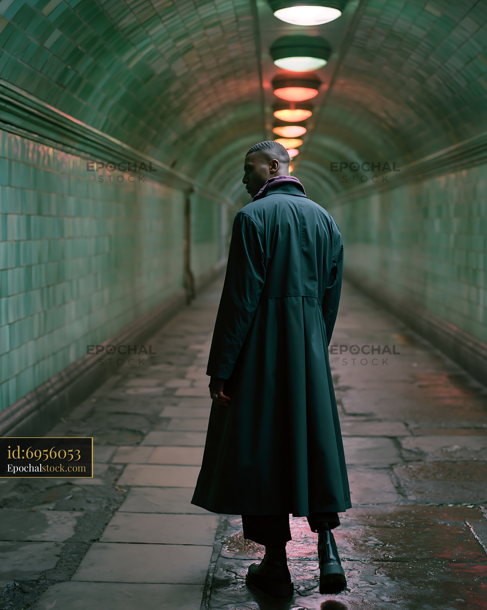 Model Walking in a Long Technical Coat in a Tiled Tunnel