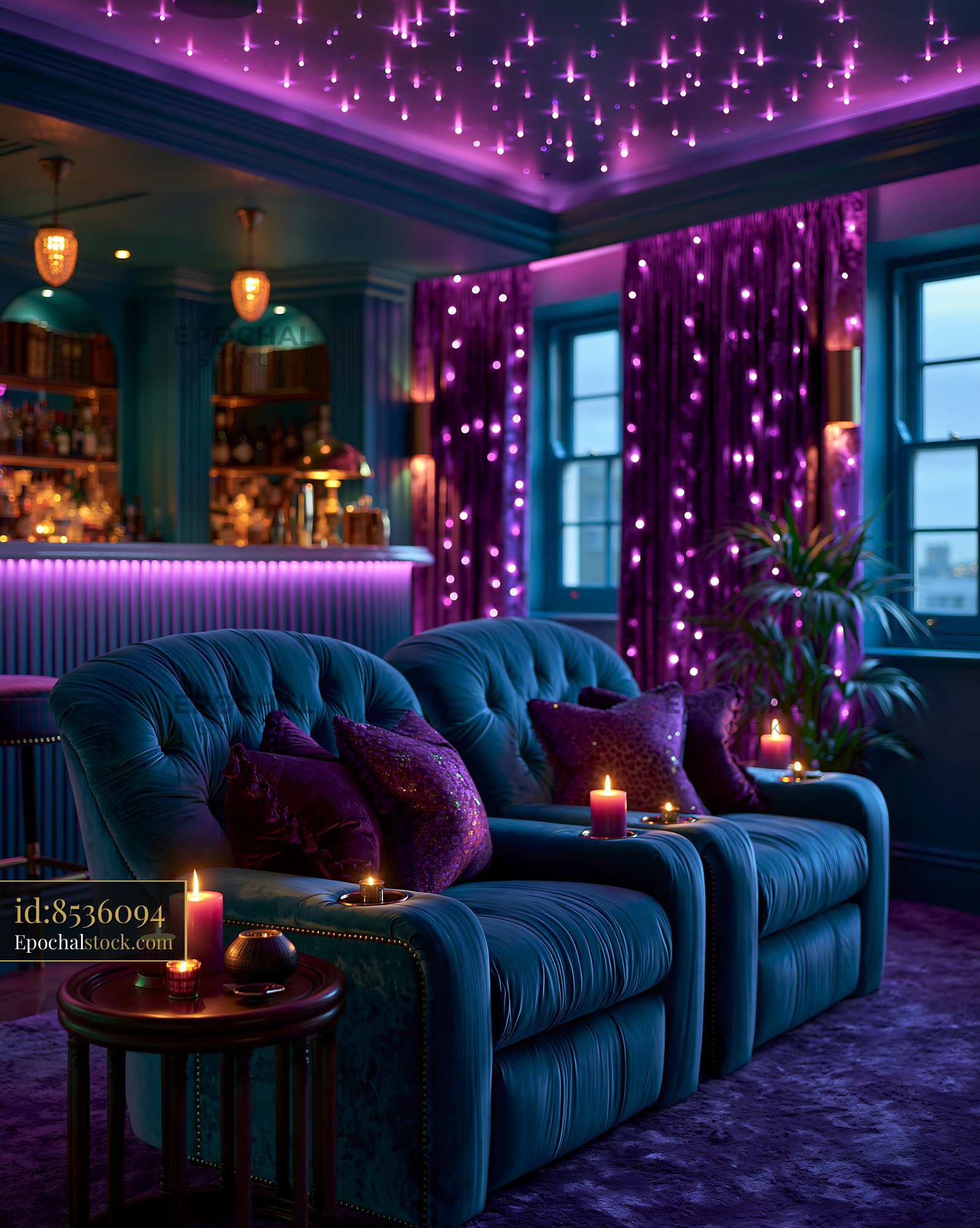 Watermarked full-resolution preview of Cozy seating in a dimly lit lounge with purple lights