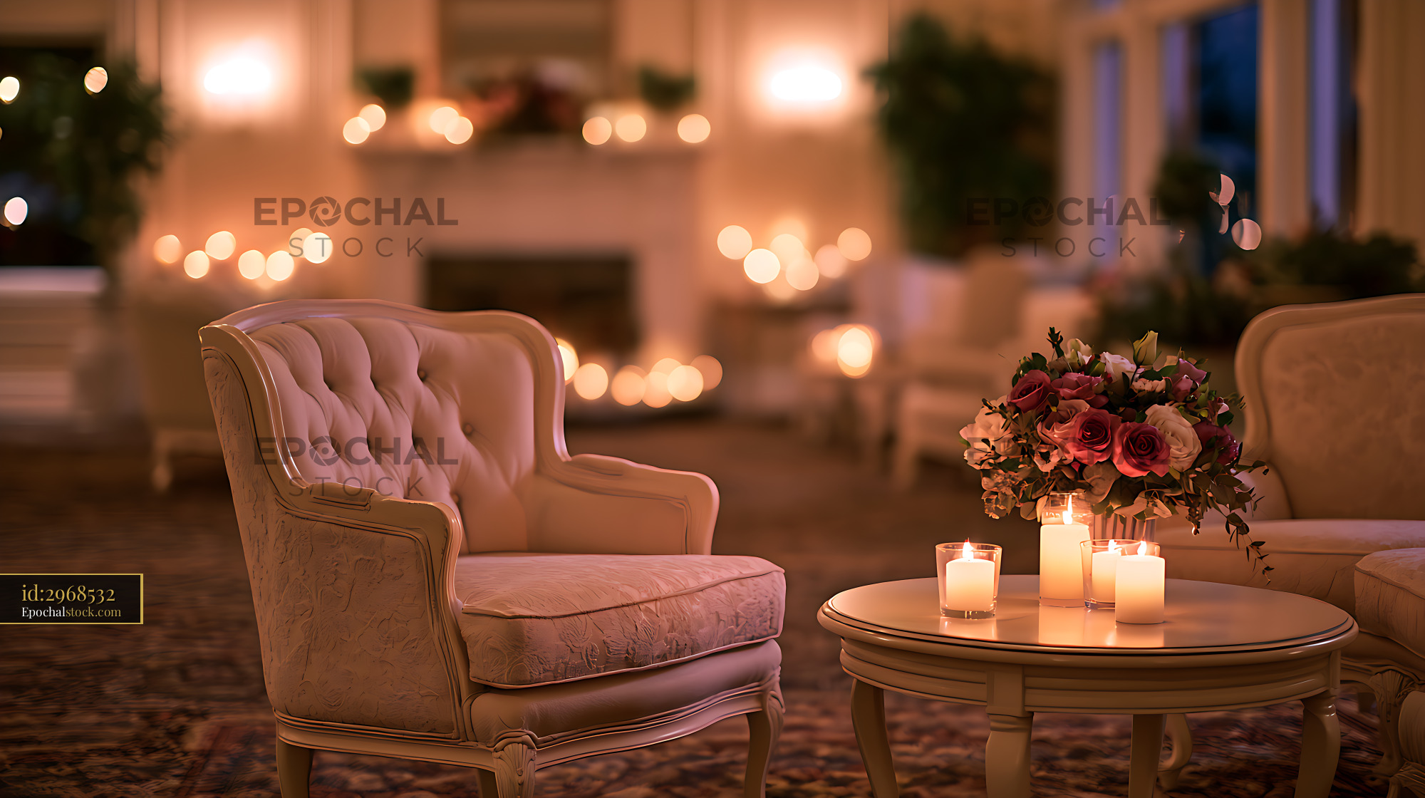 Watermarked full-resolution preview of Warm candlelit living room with flowers and classic furniture