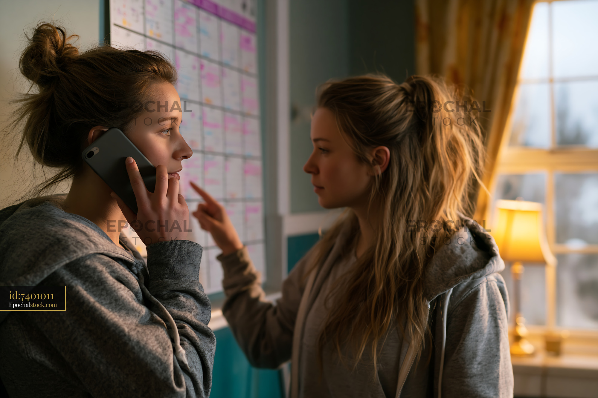 Watermarked full-resolution preview of Two women in conversation indoors with a calendar in the background