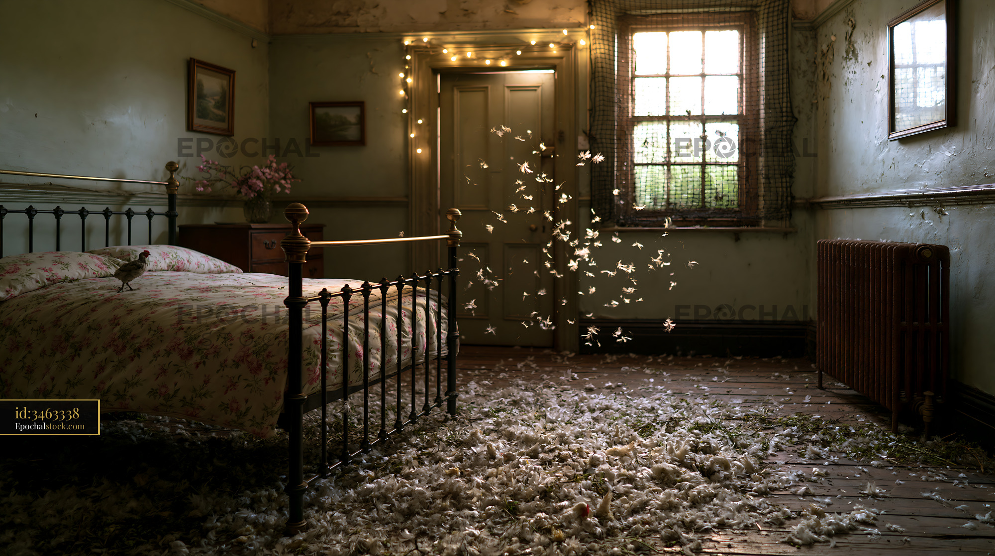 Watermarked full-resolution preview of Dust and feathers float in an empty bedroom with a bed