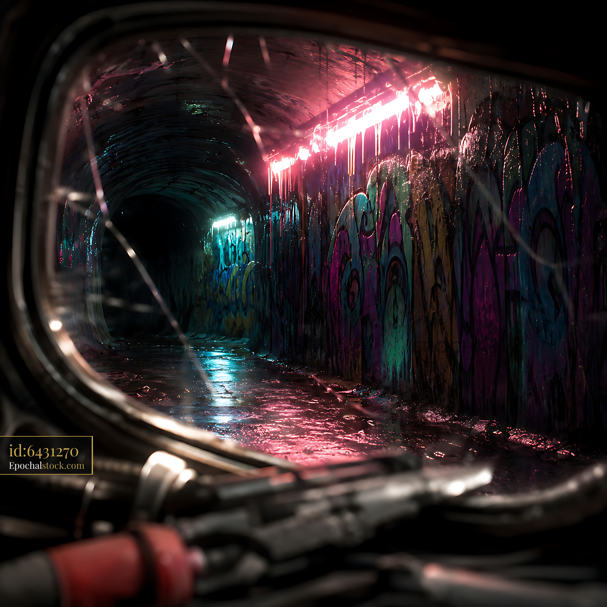 Watermarked full-resolution preview of View of lit tunnel with graffiti through broken window