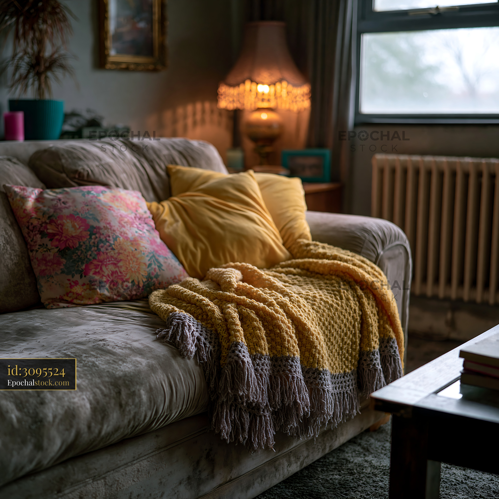 Watermarked full-resolution preview of Cozy living room scene with blankets and pillows on a couch