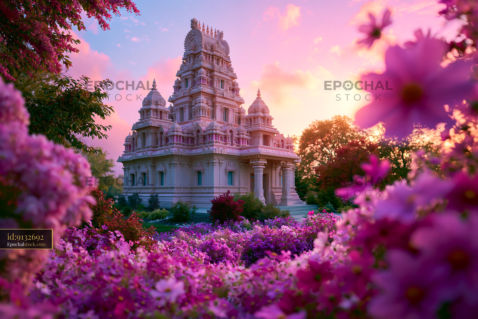 Watermarked full-resolution preview of Sunset view of a temple surrounded by blooming flowers
