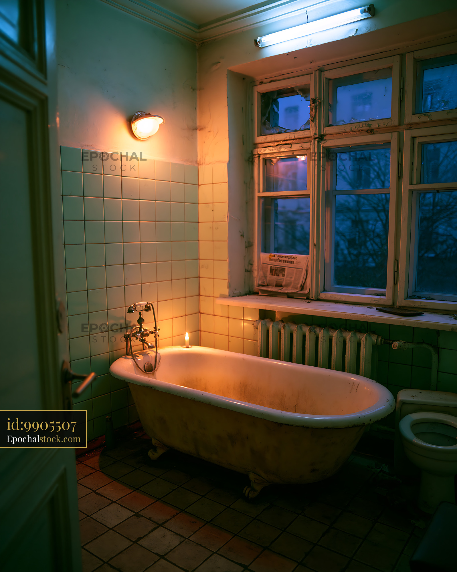 Watermarked full-resolution preview of Old bathroom with a bathtub and candle during evening light