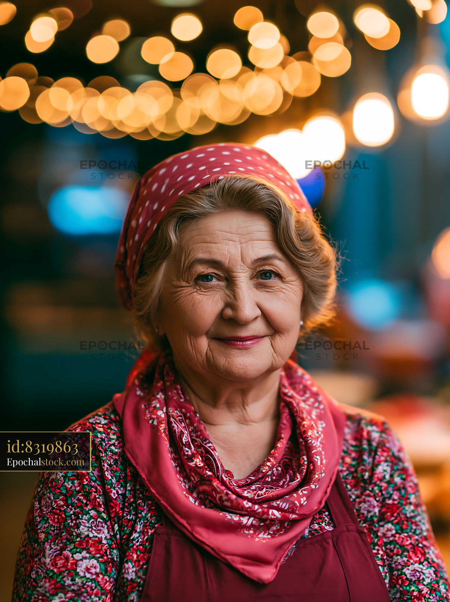 Elderly Woman Smiles in Kitchen With Warm Lights Overhead - stock photo