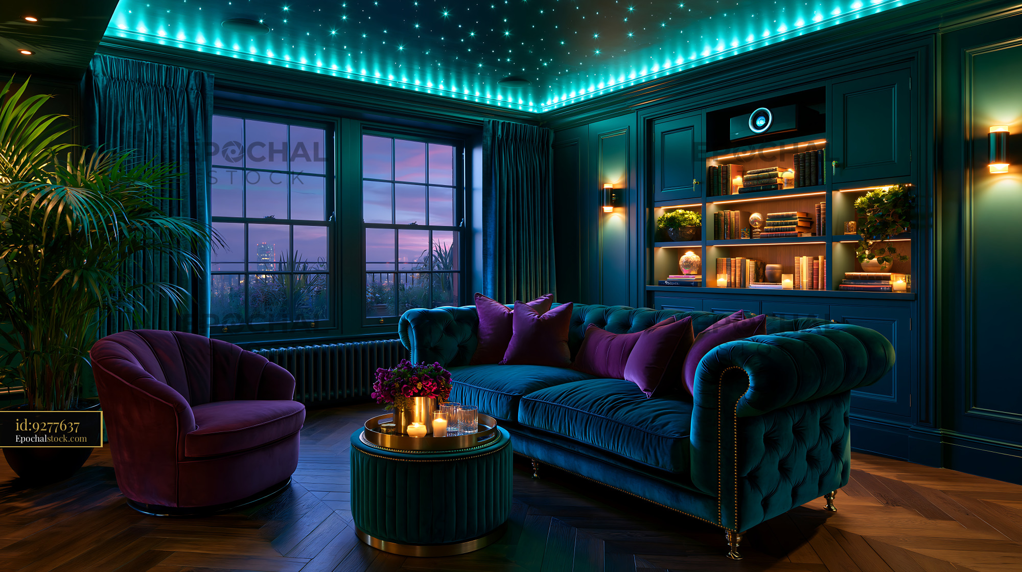 Watermarked full-resolution preview of Elegant living room with modern decor and ambient lighting